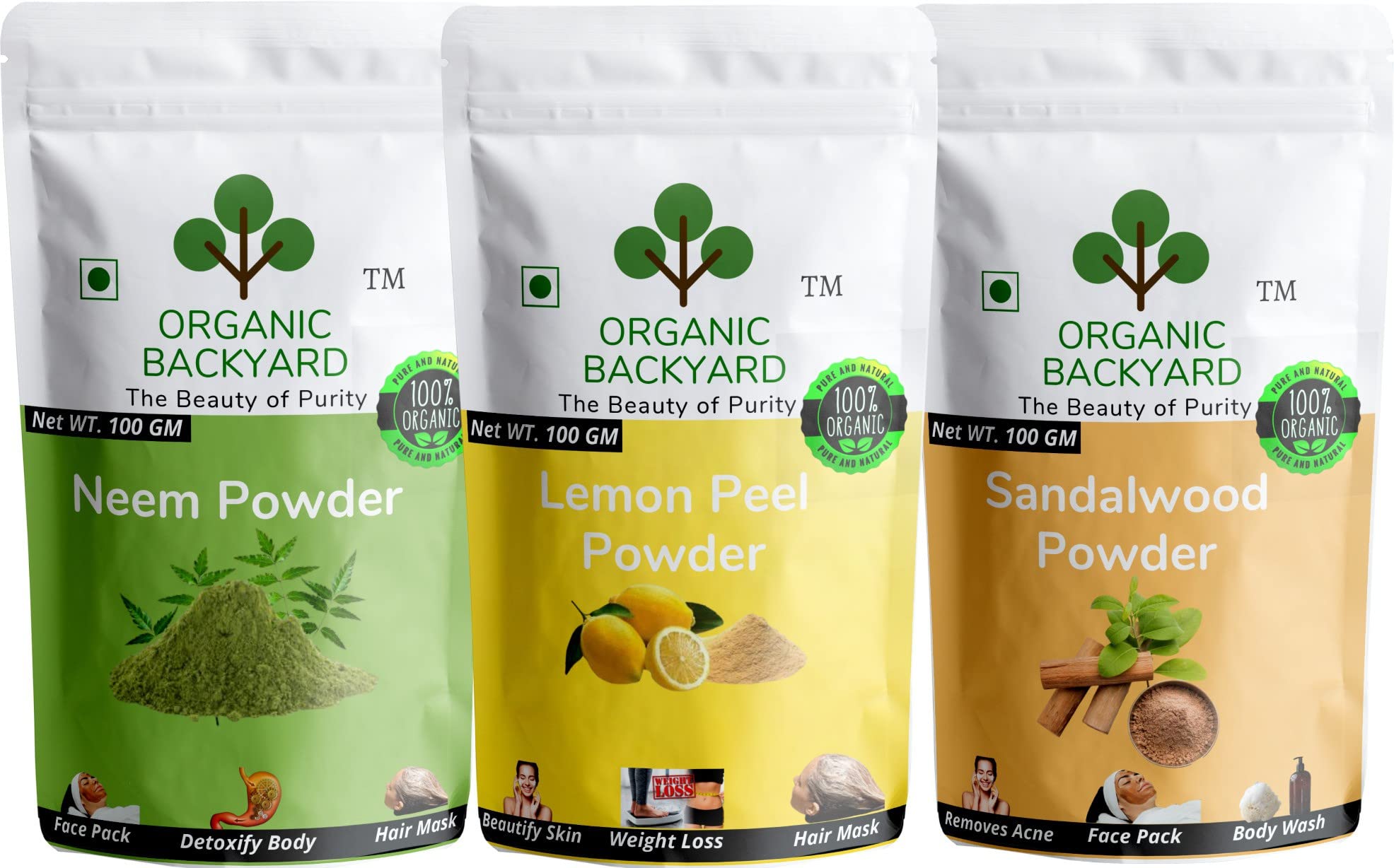 Organic Neem Lemon Peel & Sandalwood Powder Combo - 100% Natural Face Care Treatment (100g Each) for Glowing Skin, Acne Control & Exfoliation - Perfect for DIY Face Masks & Ayurvedic Skincare Routines
