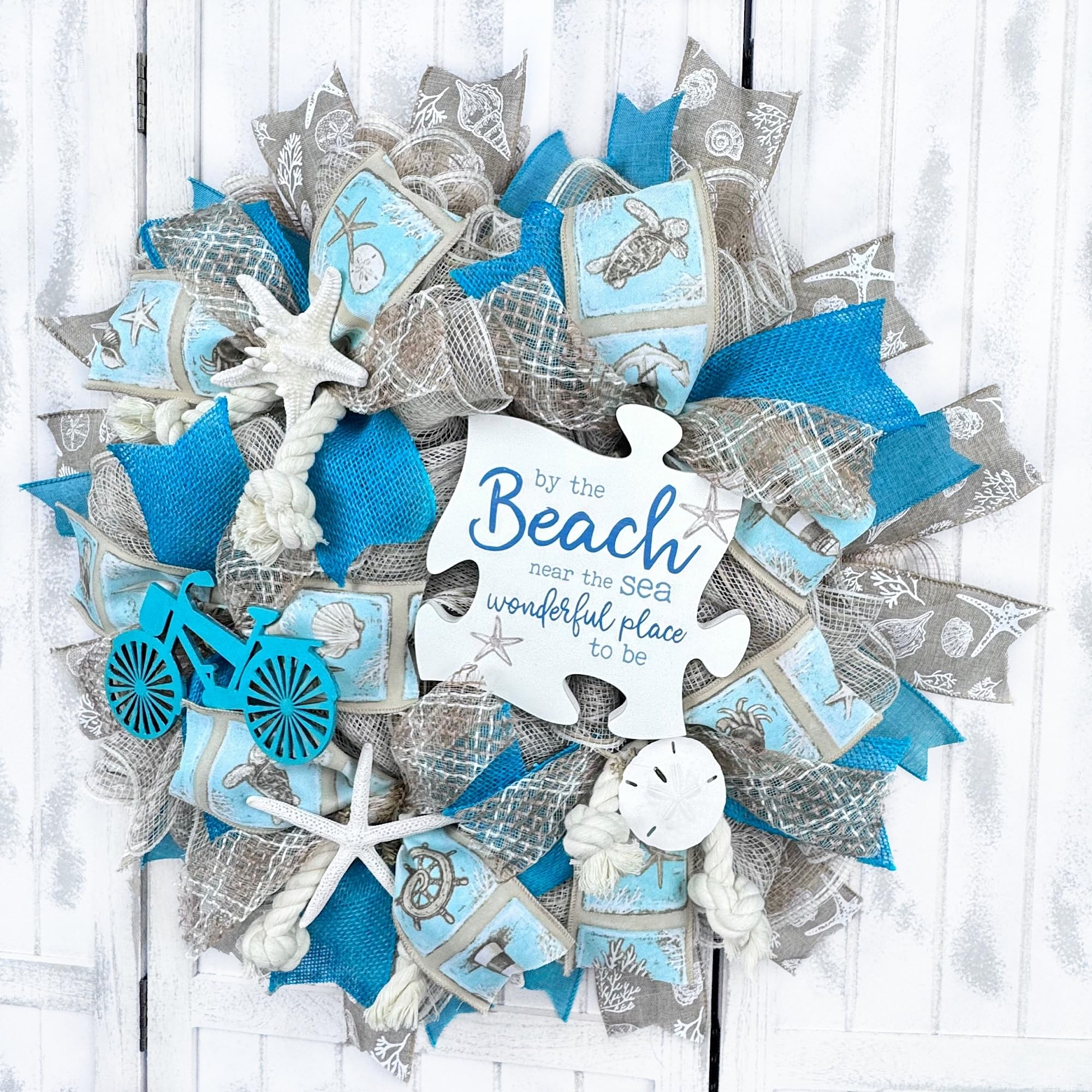 Handmade Coastal Beach Wreath with White Sand Deco Mesh, Starfish, Sand Dollar & Seashells - Perfect for Ocean-Themed Home Decor, Front Door Welcome or Beach House Wall Art