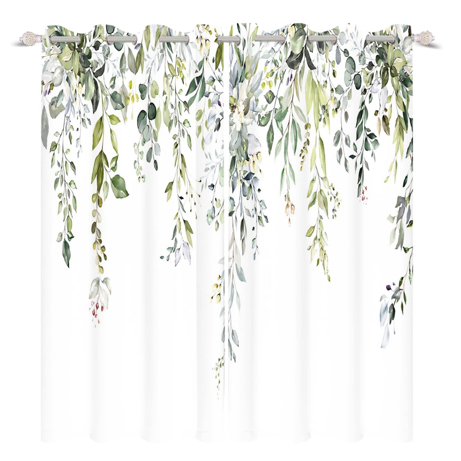 Yeele 42x63 Inches Green Leaf Printed Window Curtains - Botanical Floral Herbs Design, Grommet Top Blackout Drapes (Set of 2 Panels) for Living Room, Bedroom & Kitchen - Perfect for Spring Decor & Rustic Nature-Themed Interiors
