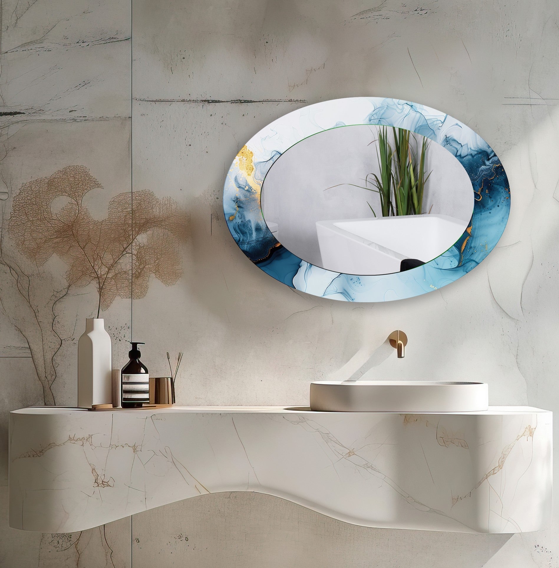 Blue and Gold Modern Oval Wall Mirror - Elegant Home Decor for Living Room, Bedroom & Entryway - Perfect for Adding Style and Light to Any Space