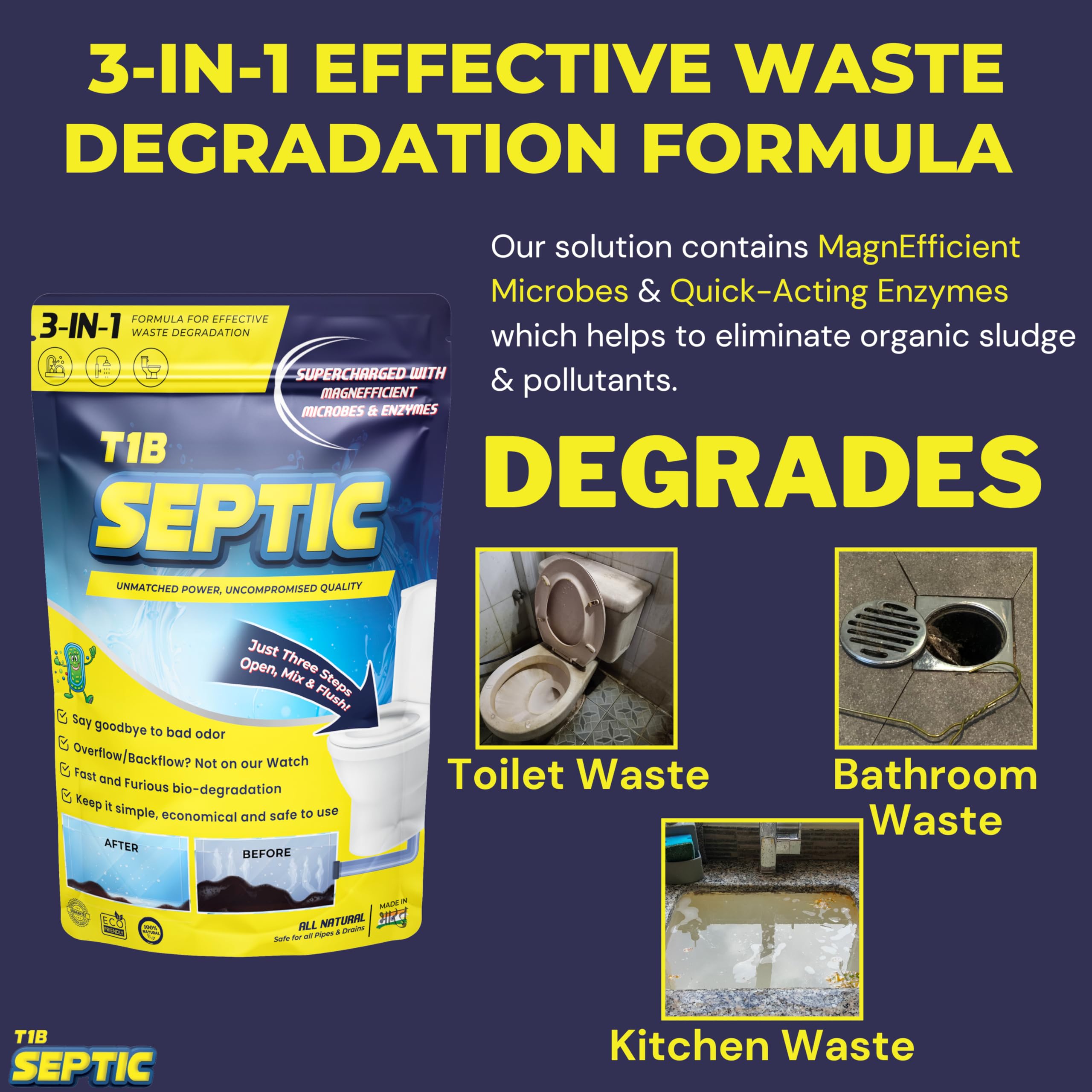 T1B Septic Tank Cleaner - 3-in-1 Formula for Kitchen, Bathroom & Toilet Waste Degradation | Reduces Sludge & Eliminates Odors | Septic Safe Bacteria Prevents Backflow & Overflow | 250g Pack (1 Count) | Ideal for Home, RV & Camping Septic Systems