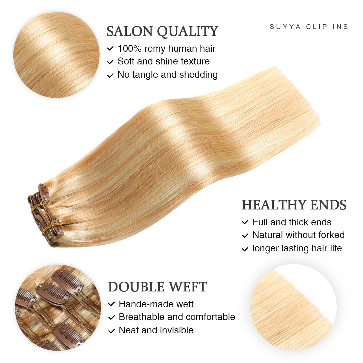 SUYYA Clip in Hair Extensions 20 Inches - 7pcs 120g Real Human Hair, Strawberry Blonde/Bleach Blonde (#P27/613) Double Weft Remy Hair for Volume & Length - Perfect for Parties, Weddings & Daily Styling