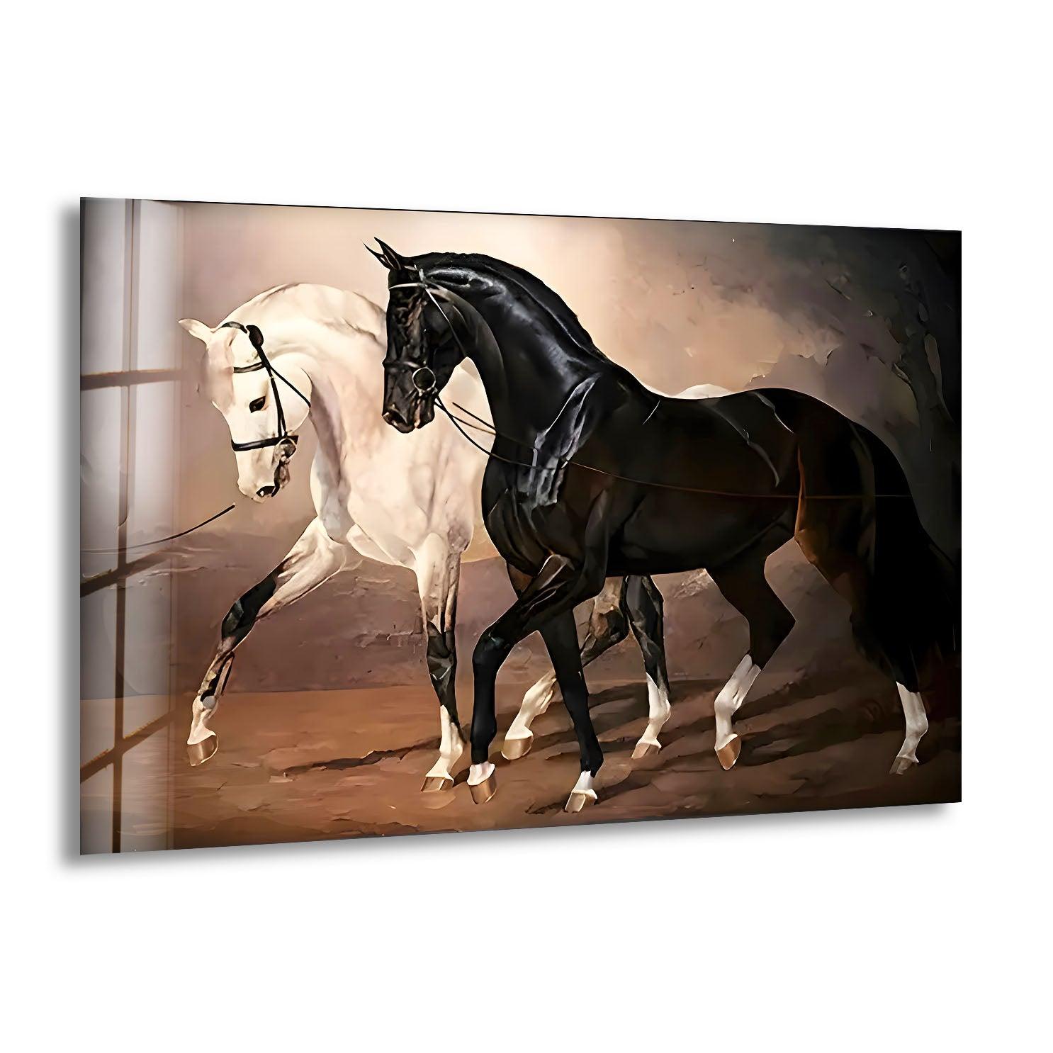 Elegant Black & White Horses Glass Wall Art - Modern Home Decor for Living Room, Bedroom & Office - Perfect Gift for Art Lovers