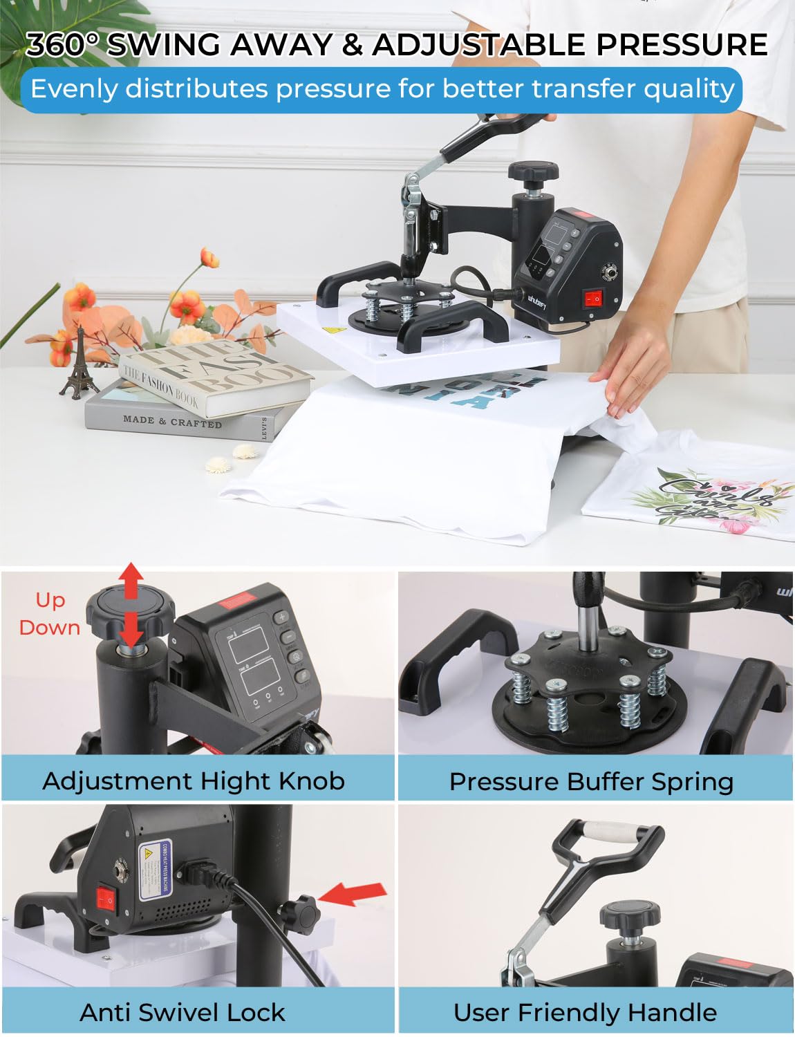 Whubefy 12x10in 650W Digital Heat Press Machine for T-Shirts, Bags, Pillows & Sublimation - Fast Heat-up, Precise Temp Control - Perfect for DIY Crafts & Small Business Printing
