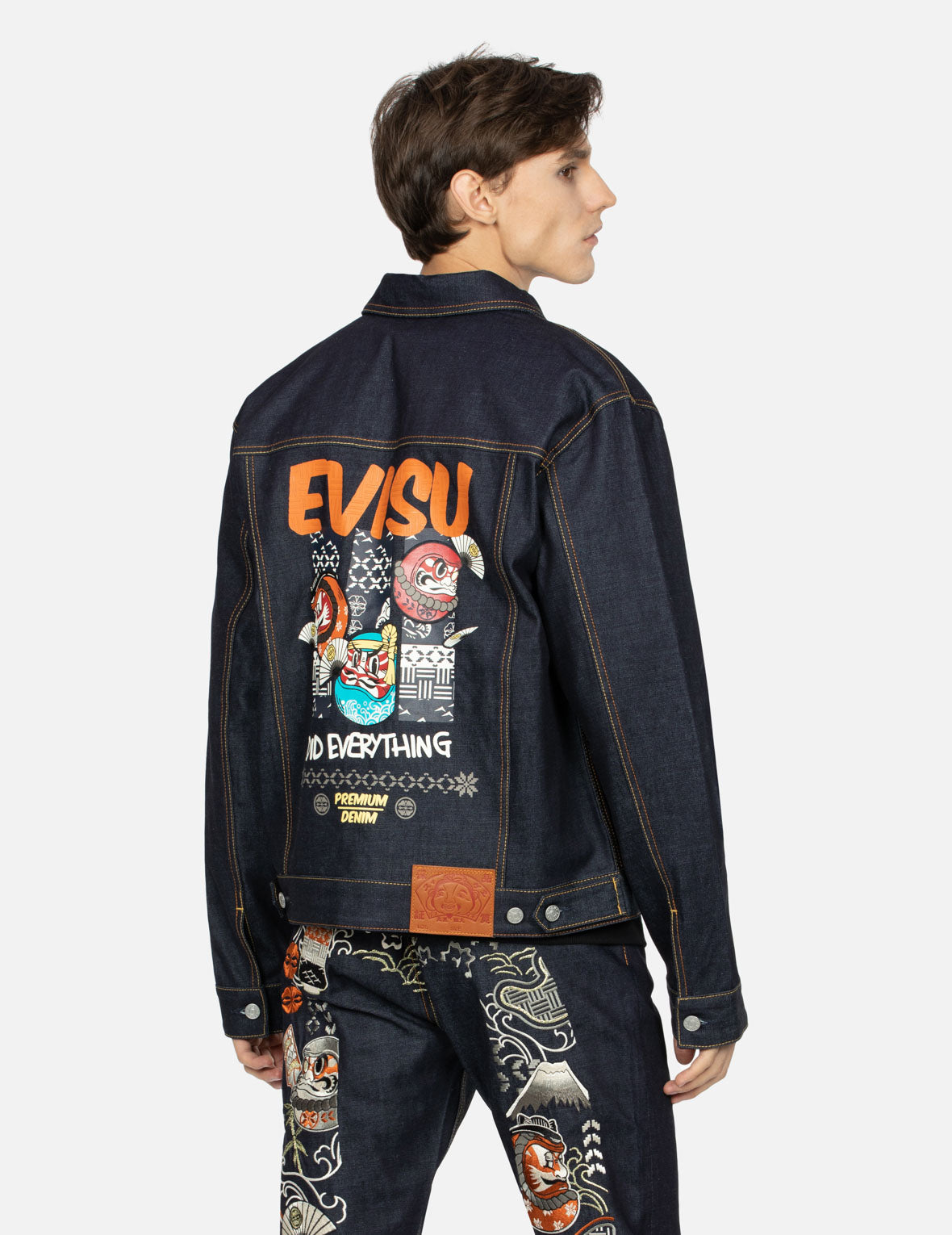 Kumadori Daruma Print Relax Fit Denim Jacket - Stylish Japanese Streetwear for Men & Women | Perfect for Casual Outfits, Festivals & Urban Fashion