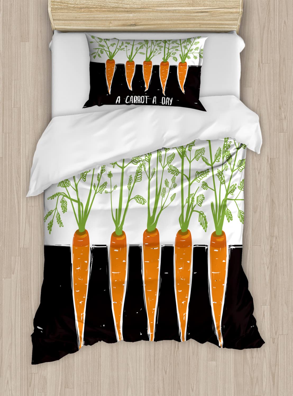 Ambesonne Carrot Roots Farm Theme Duvet Cover Set - 2 Pack King Size, Black Green Orange - Includes 2 Duvet Covers & 4 Pillowcases - Eco-Friendly Vegetable Garden Bedding for Farmhouse, Cottage, or Rustic Decor