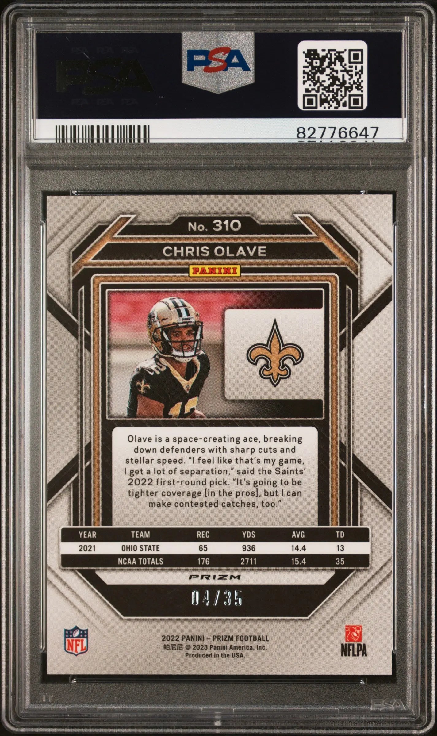 2022 Panini Prizm Football Chris Olave Rookie Card No Huddle Purple Prizm PSA 10 Gem Mint /35 - Perfect for NFL Collectors, Sports Memorabilia Displays & Investment Collections