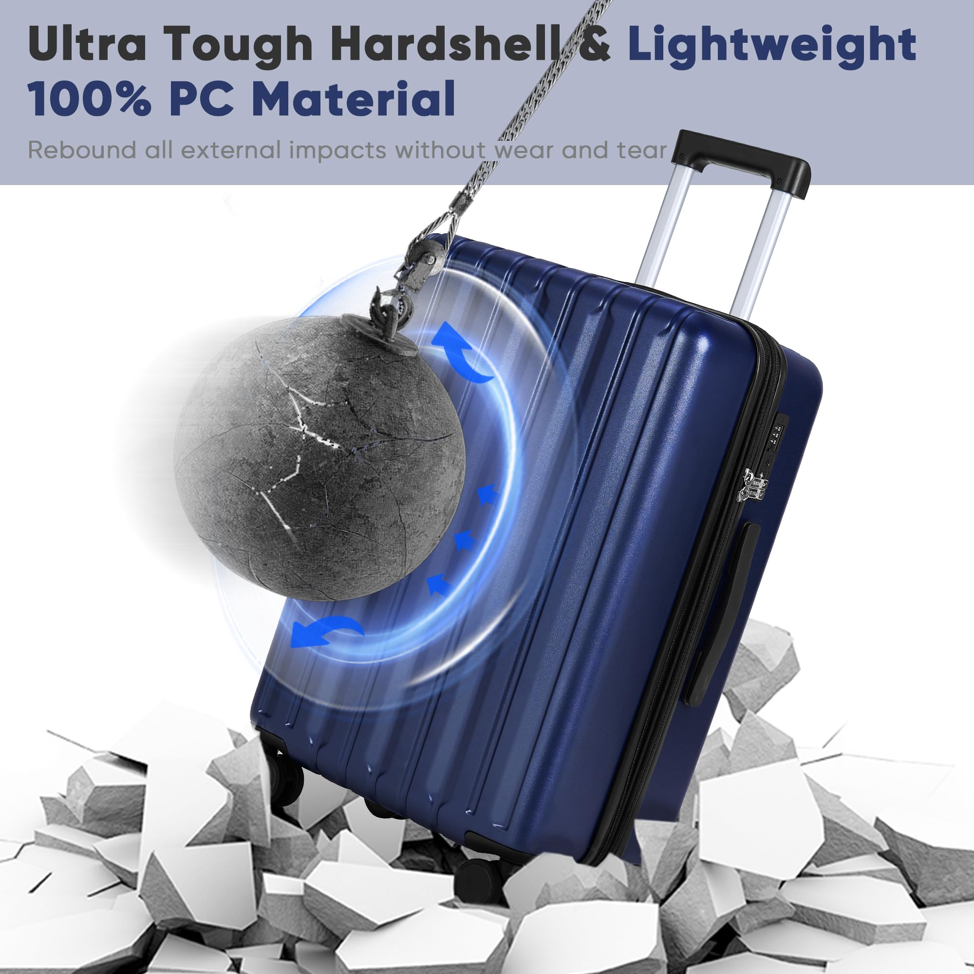 SHOWKOO 3-Piece Hardside Luggage Set - 100% Polycarbonate, Ultra Durable & Expandable Suitcases with TSA Lock & 360° Spinner Wheels (20in, 24in, 28in, Blue) - Perfect for International Travel, Family Vacations & Business Trips