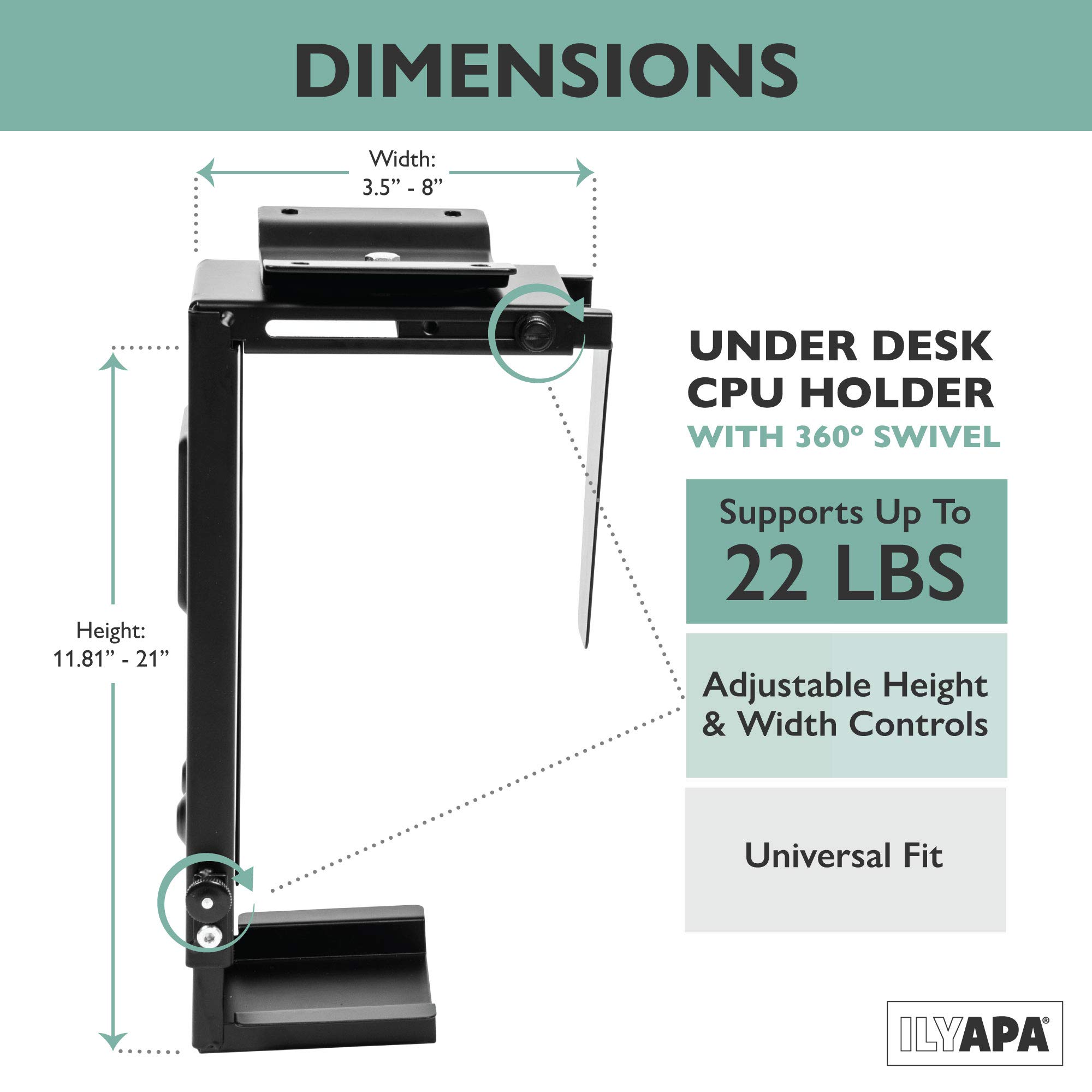 Ilyapa Under Desk CPU Mount with 360° Swivel - Space Saving Computer Tower Holder for PC Desktop - Perfect for Home Office & Gaming Setup