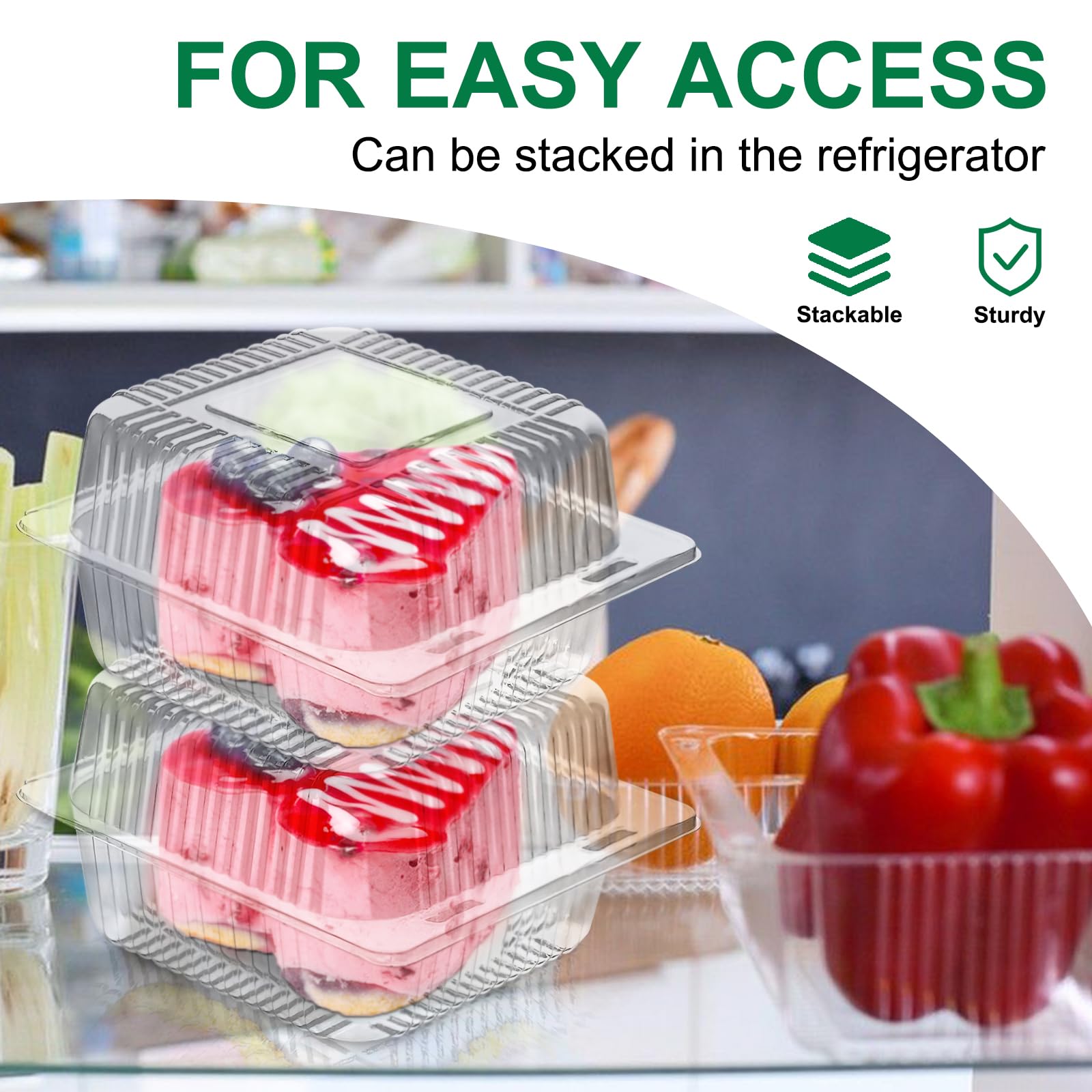 TOFLEN 100pcs Clear Plastic Cake Containers - Hinged Lids for Mini Cakes, Desserts & Salads - Perfect for Takeout & Parties