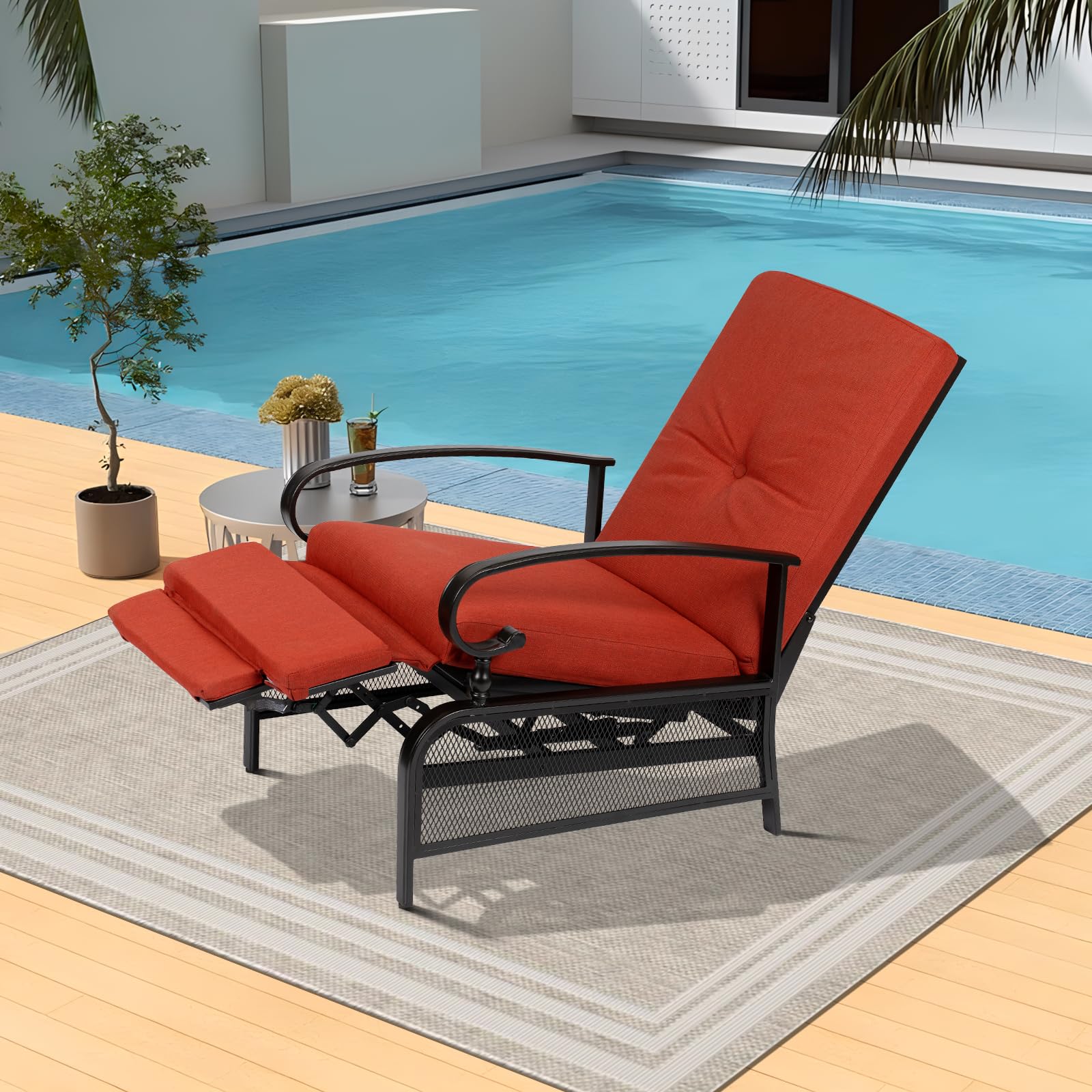 Adjustable Outdoor Lounge Chair - Patio Recliner with Removable Cushions, Durable Metal Frame, Automatic Chaise - Perfect for Poolside, Backyard & Beach Relaxation (Red)