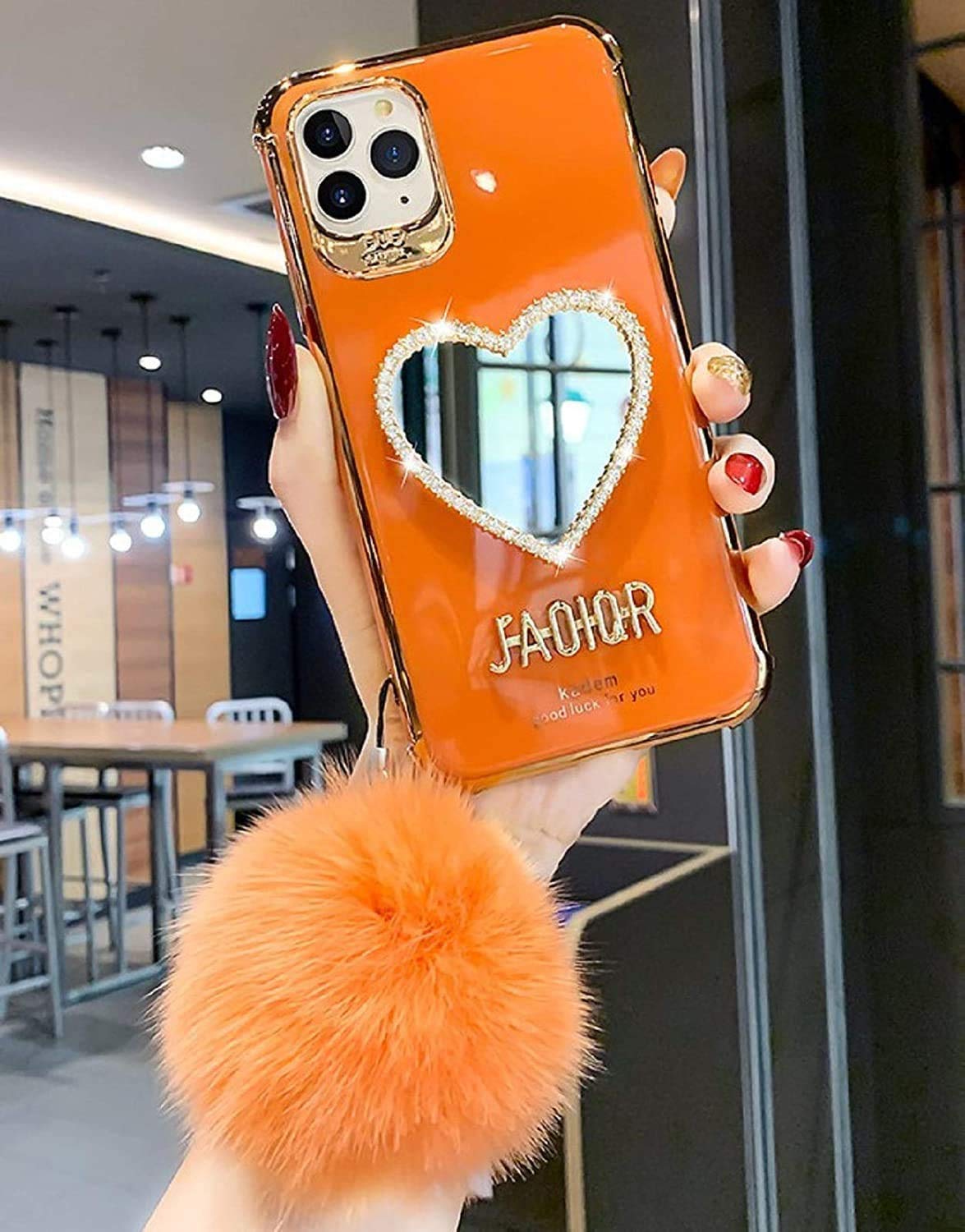 LELEBEAR Bling Heart-Shaped Mirror Phone Case for iPhone 12 Mini - Luxury Glitter Makeup Mirror Mobile Cover (Orange) | Perfect for Selfies, Makeup Touch-ups & Stylish Protection