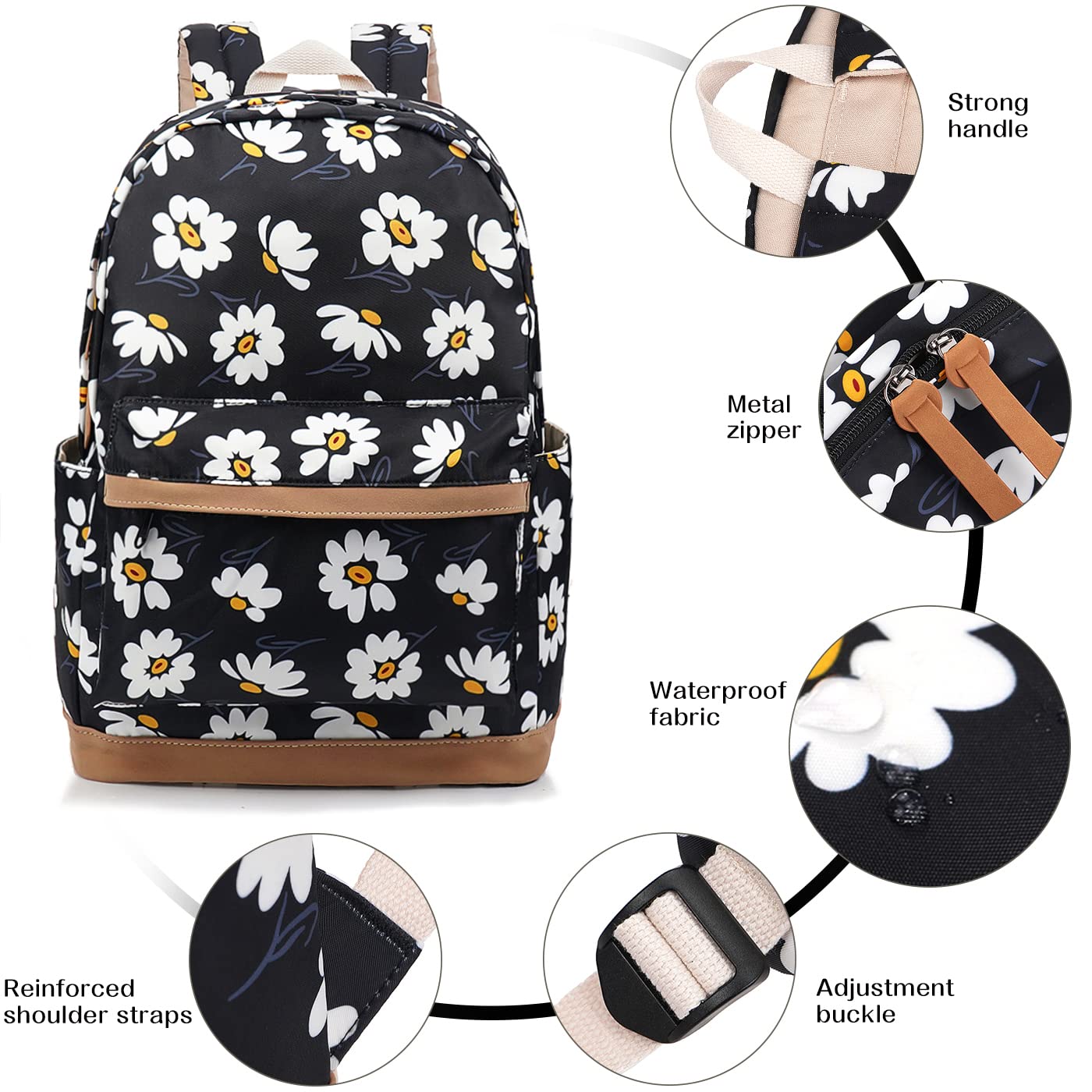 Floral Laptop Backpack for Women - Lightweight Water Resistant School Bag with Daisy Print, 15.6 Inch Travel Backpack for College, Work & Daily Commute