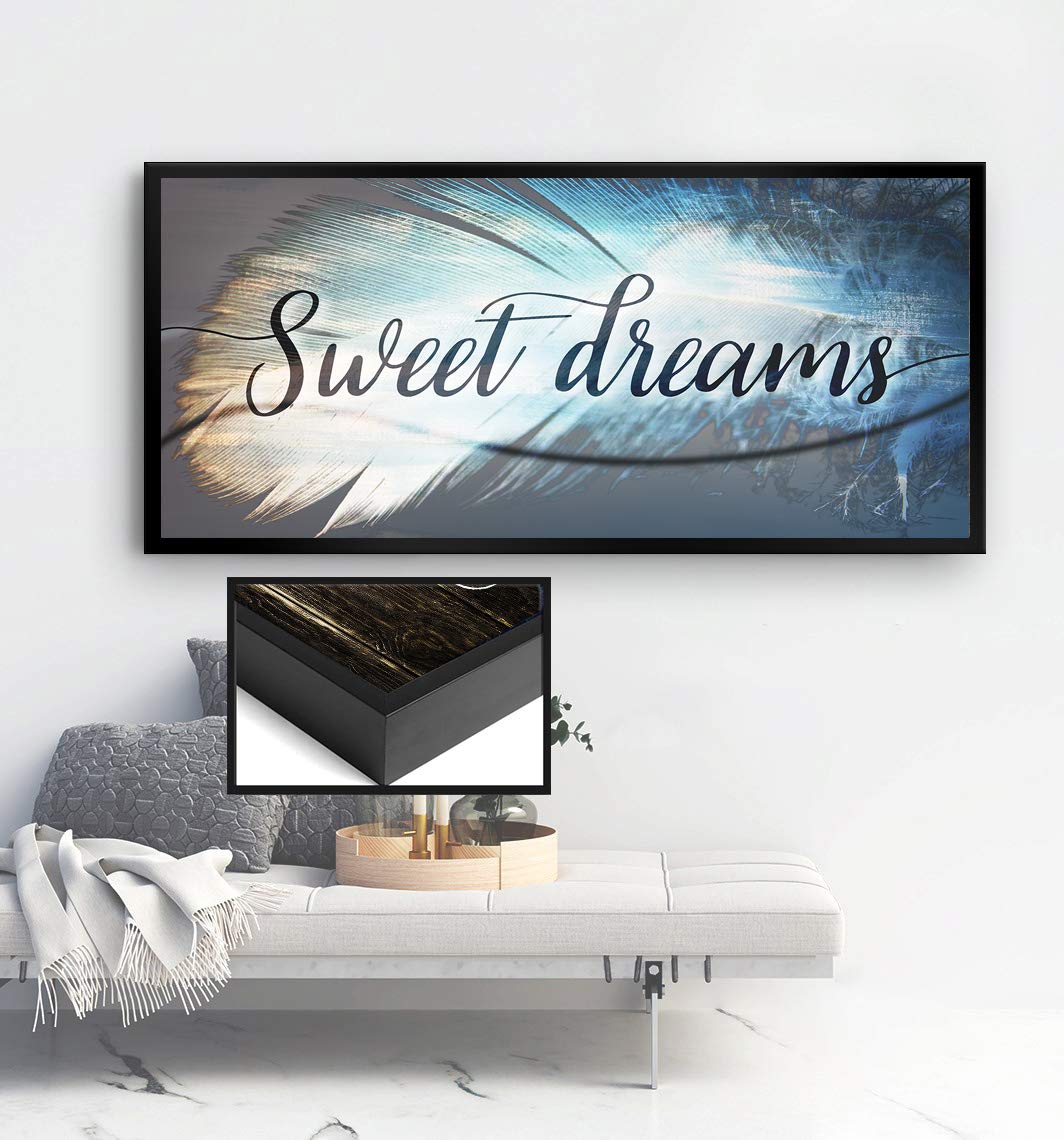 Feather Sweet Dreams Wall Art - Large Framed Canvas Print for Master Bedroom Decor, Above Bed Wall Decor (Black Floating Frame 42x19) - Perfect for Home, Office & Nursery Decoration