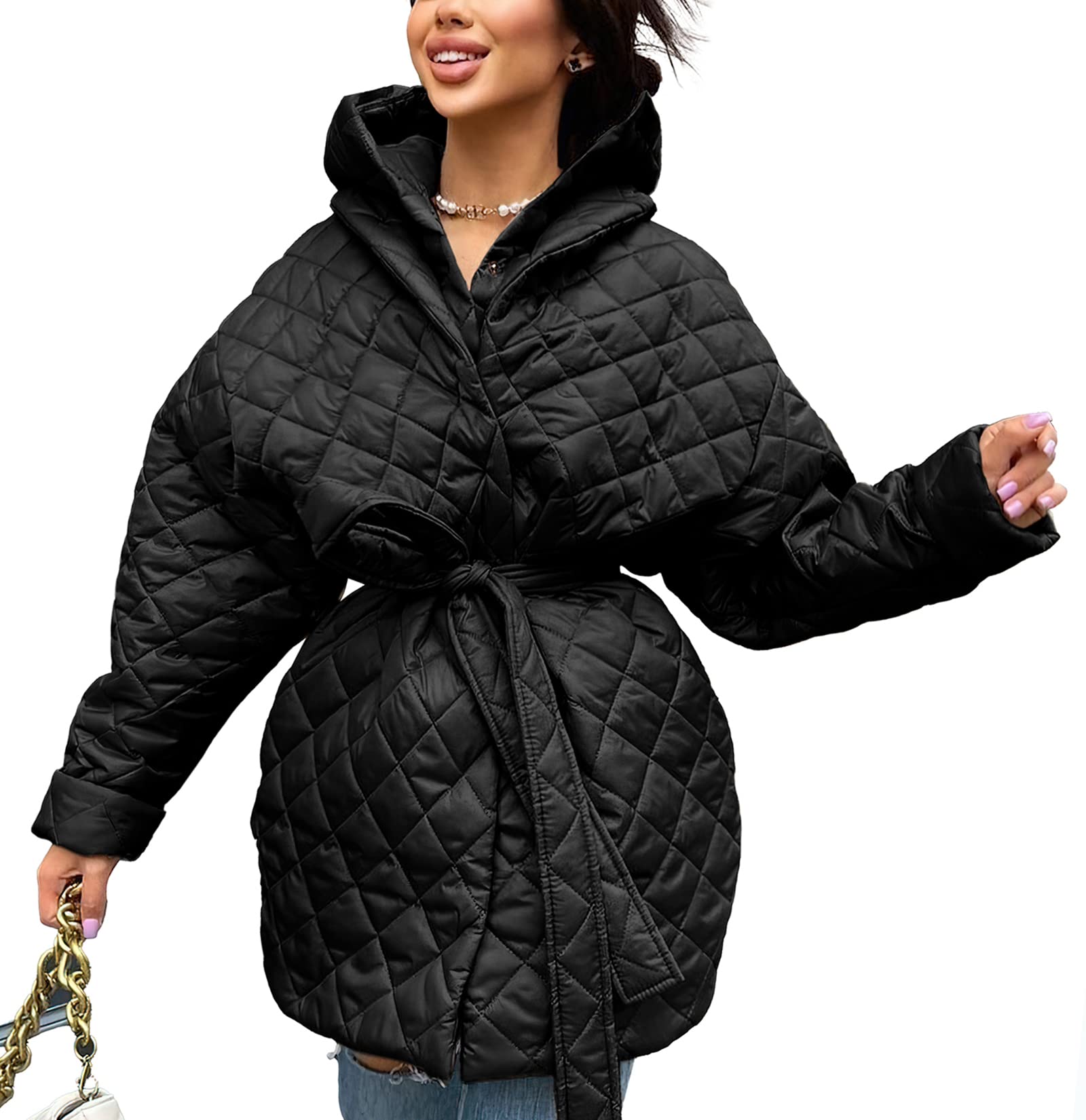 BTFBM Women's Quilted Puffer Jacket with Removable Hood & Belt - Winter Warm Coat with Pockets for Outdoor Activities & Casual Wear