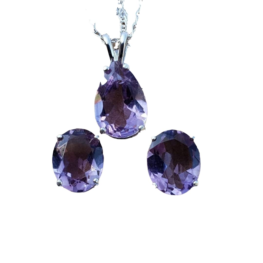 Natural Amethyst Sterling Silver Earrings & Necklace Set for Women - Elegant Purple Crystal Jewelry Gift for Birthday, Anniversary & Special Occasions