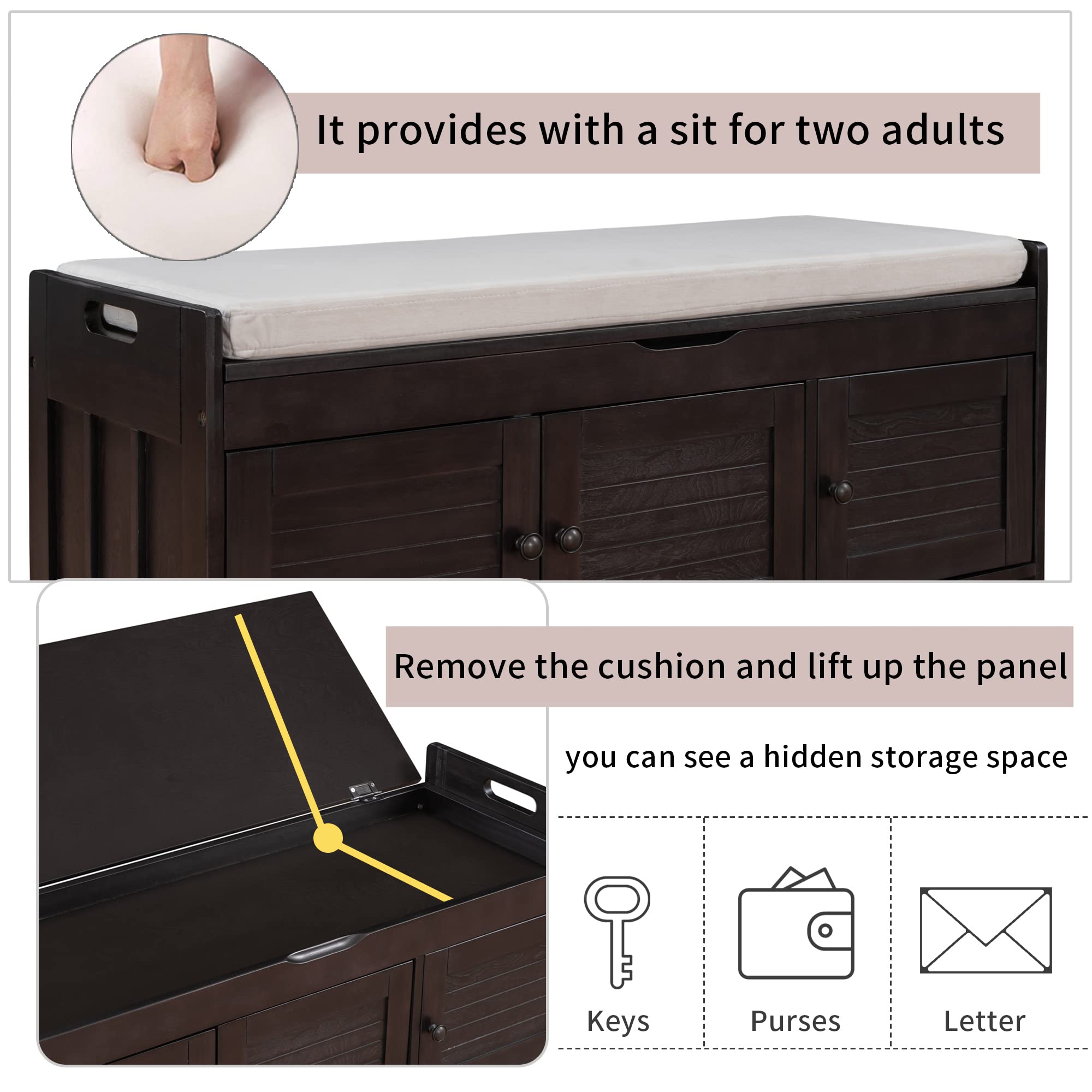 P PURLOVE Storage Bench with Removable Cushion - 3 Shutter Doors & Hidden Compartment - Entryway Bench for Living Room, Hallway, Bedroom - Espresso Finish for Home Organization & Decor