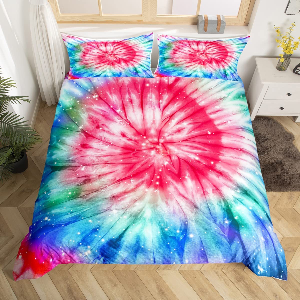 Psychedelic Tie Dye Comforter Cover Set - Bohemian Watercolor Swirl Duvet Cover Twin Size - Trippy Indian Ethnic Gypsy Art Bedding for Kids & Teens - Blue Green Red Design - Perfect for Boho Bedroom Decor & Hippie Themed Rooms