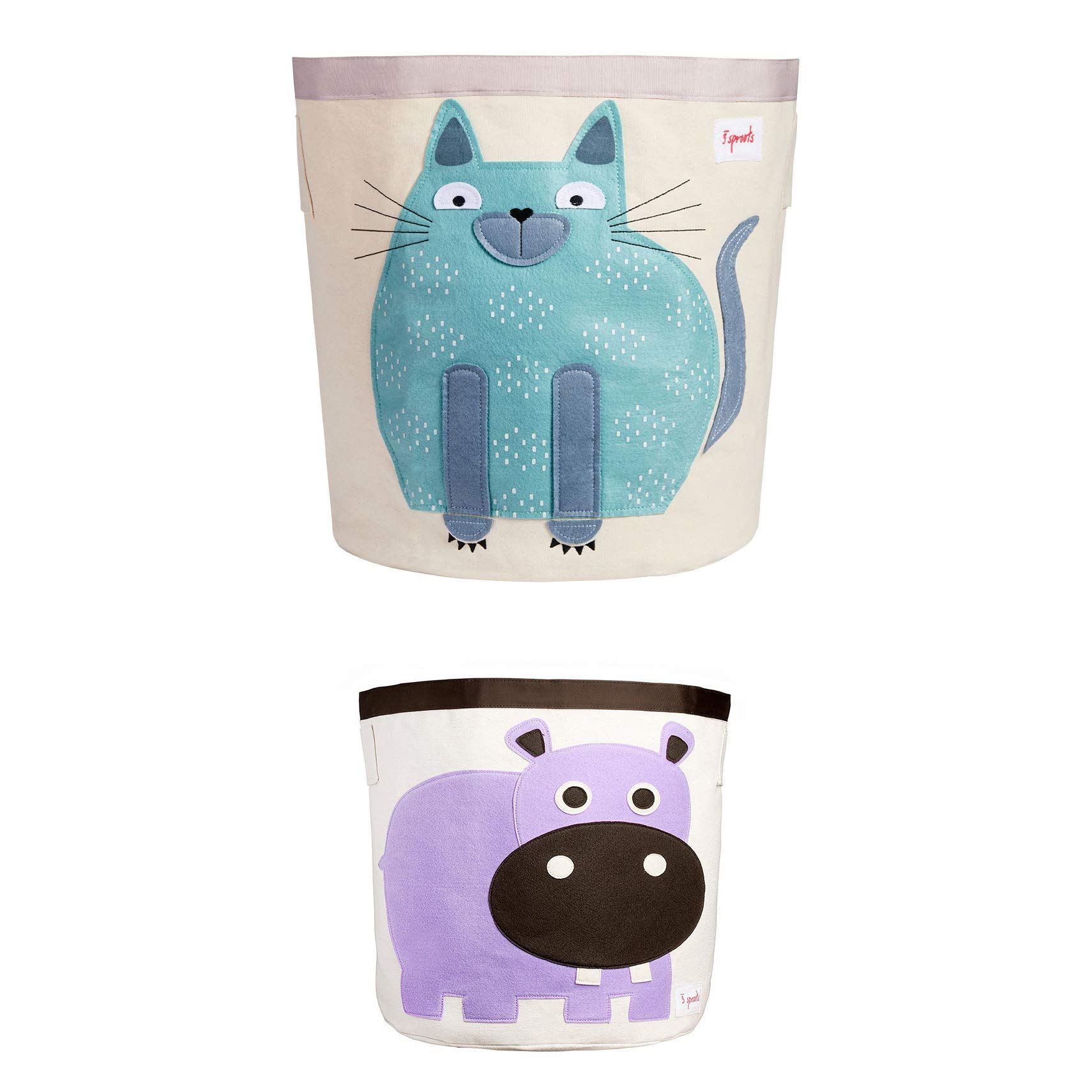 3 Sprouts Baby & Toddler Canvas Storage Bins - 2 Pack Laundry & Toy Organizer with Cute Cat & Hippo Design | Nursery, Playroom & Kids Room Organization Solution