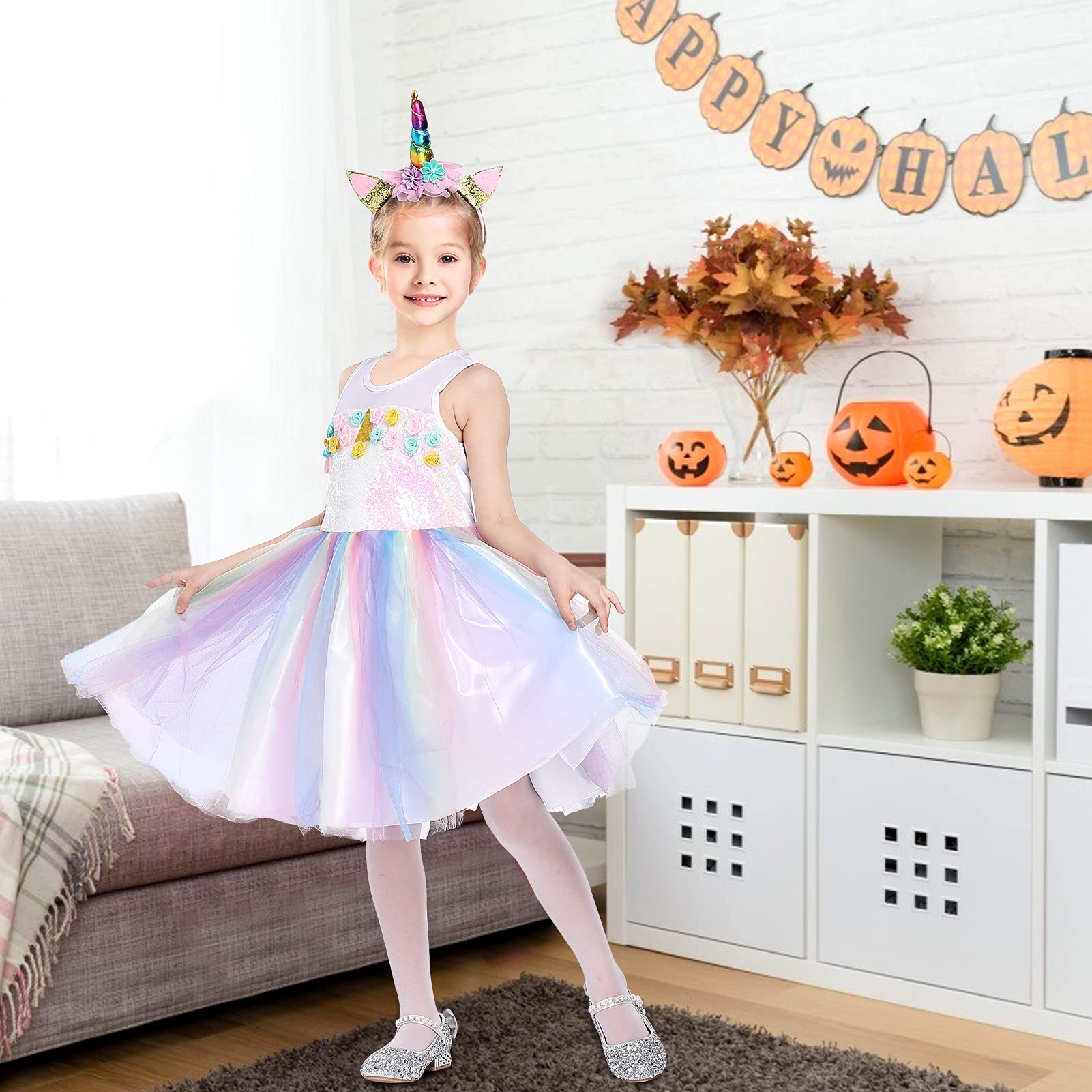 **Halloween Princess Dress Costume for Girls - Sparkly Fairy Tutu Dress with Rainbow Wings & Headband - Perfect for Birthday Party, Dress Up, Halloween & Cosplay**