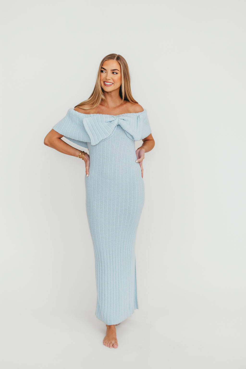 Aston Bow Front Maxi Sweater Dress in Ice Metal - Bump Friendly Maternity & Plus Size (S-3XL) | Winter Layering, Holiday Party Outfit, Casual Office Wear