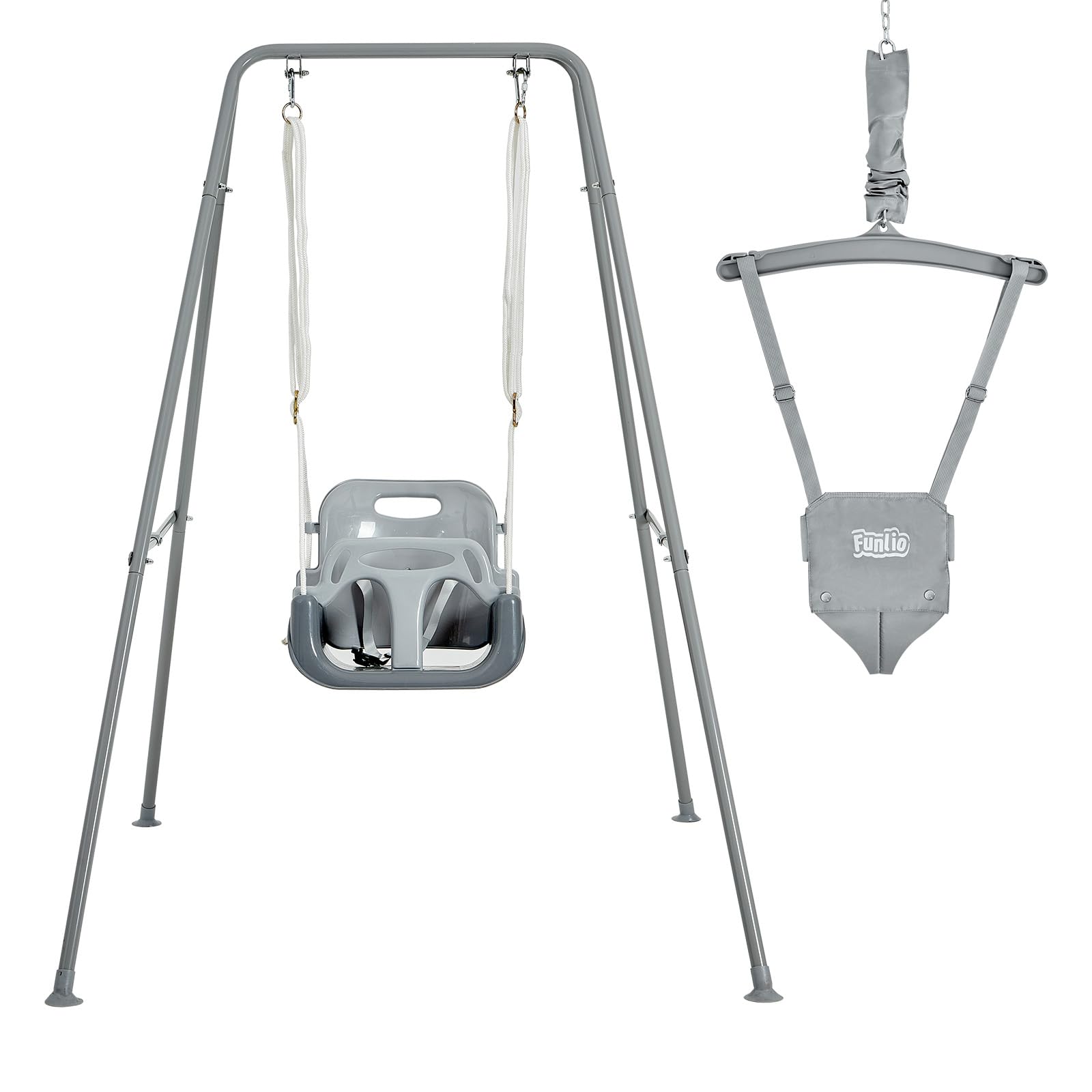 FUNLIO 2-in-1 Baby Swing and Jumper for Toddlers | Heavy Duty Kids Swing Set with Foldable Metal Stand | Includes 4 Sandbags for Stability | Indoor/Outdoor Play Equipment | Easy Assembly & Storage | Grey | Perfect for Backyard, Playroom or Daycare Use