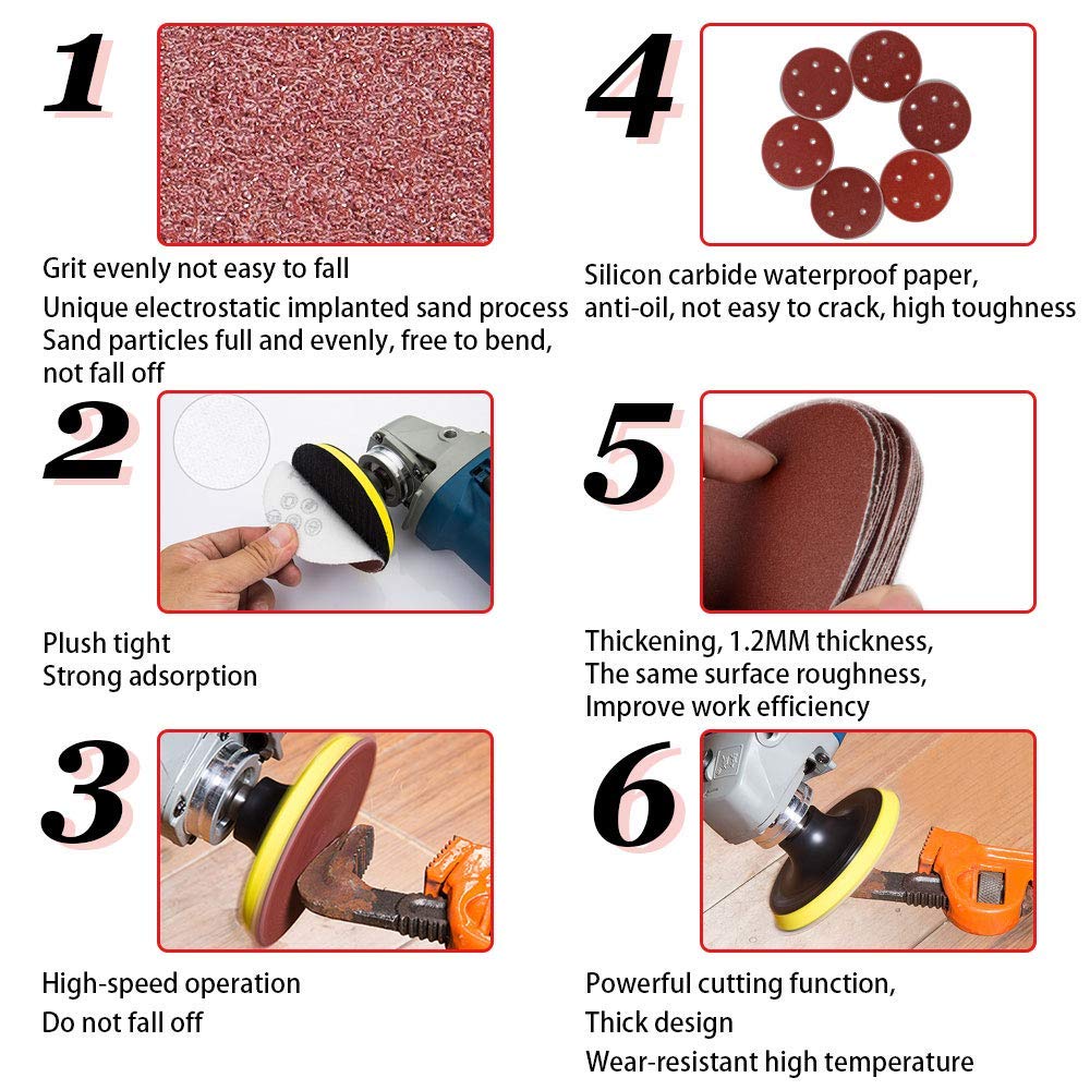 HIFROM 5-Inch/125mm Hook and Loop Sanding Backing Pad with M14 Drill Adapter - 50-Piece 800 Grit No-Hole Sandpaper Assortment for Random Orbital Sander, Grinder, and Polishing - Perfect for Woodworking, Metal Finishing, and DIY Projects