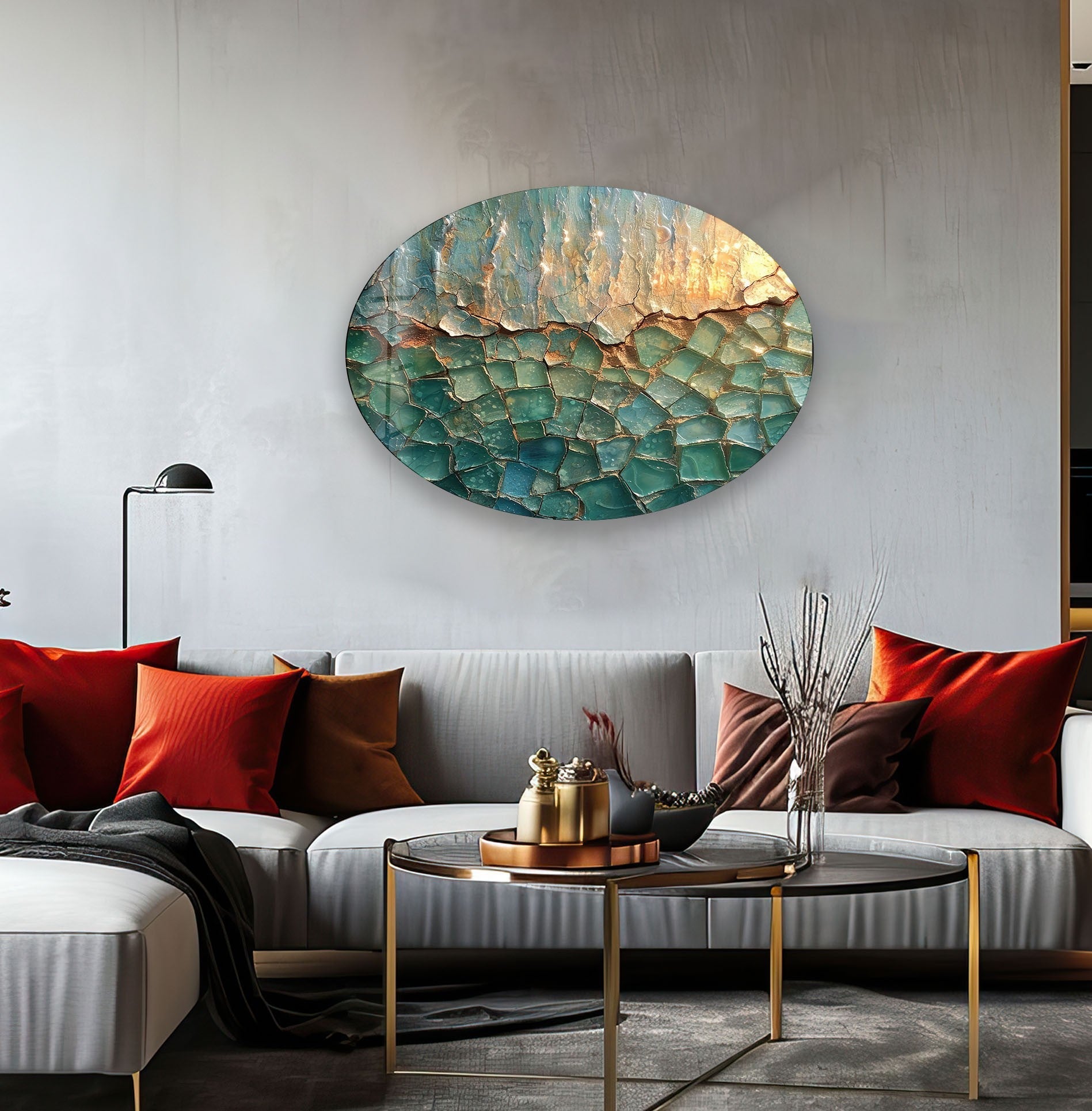 Abstract Cracked Glass Wall Art - Modern Asymmetric Oval Design for Living Room, Bedroom & Office Decor
