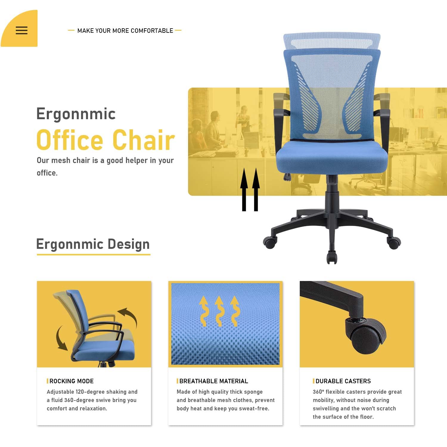 Ergonomic Mesh Office Chair with Lumbar Support - Mid Back Swivel Rolling Computer Desk Chair for Home & Office - Adjustable Armrests, Breathable Design (Blue) - Perfect for Long Work Hours & Gaming Sessions