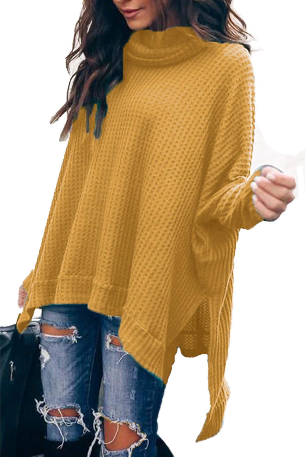 ASHER FASHION Women's Oversized Batwing Long Sleeve Waffle Knit Pullover Sweater - Casual Loose High-Low Tunic Top for Fall Winter Layering | Perfect for Office, Date Night & Weekend Outfits