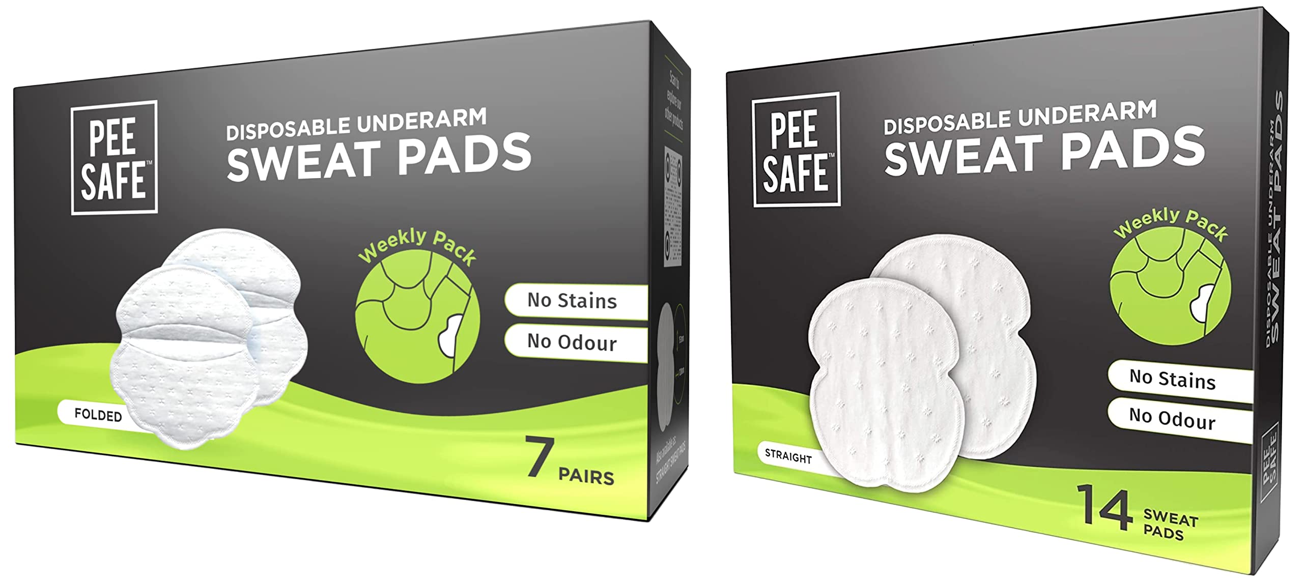 1. Pee Safe Disposable Underarm Sweat Pads - Folded & Straight | 14 Pads Per Pack | Odor & Stain Protection | For Men & Women | Gym, Office & Daily Use   2. Pee Safe Disposable Armpit Sweat Pads - Folded/Straight Cut | 14 Count | Anti-Stain & Odor Control | Comfortable & Breathable | Perfect for Workouts, Business Attire & Hot Weather