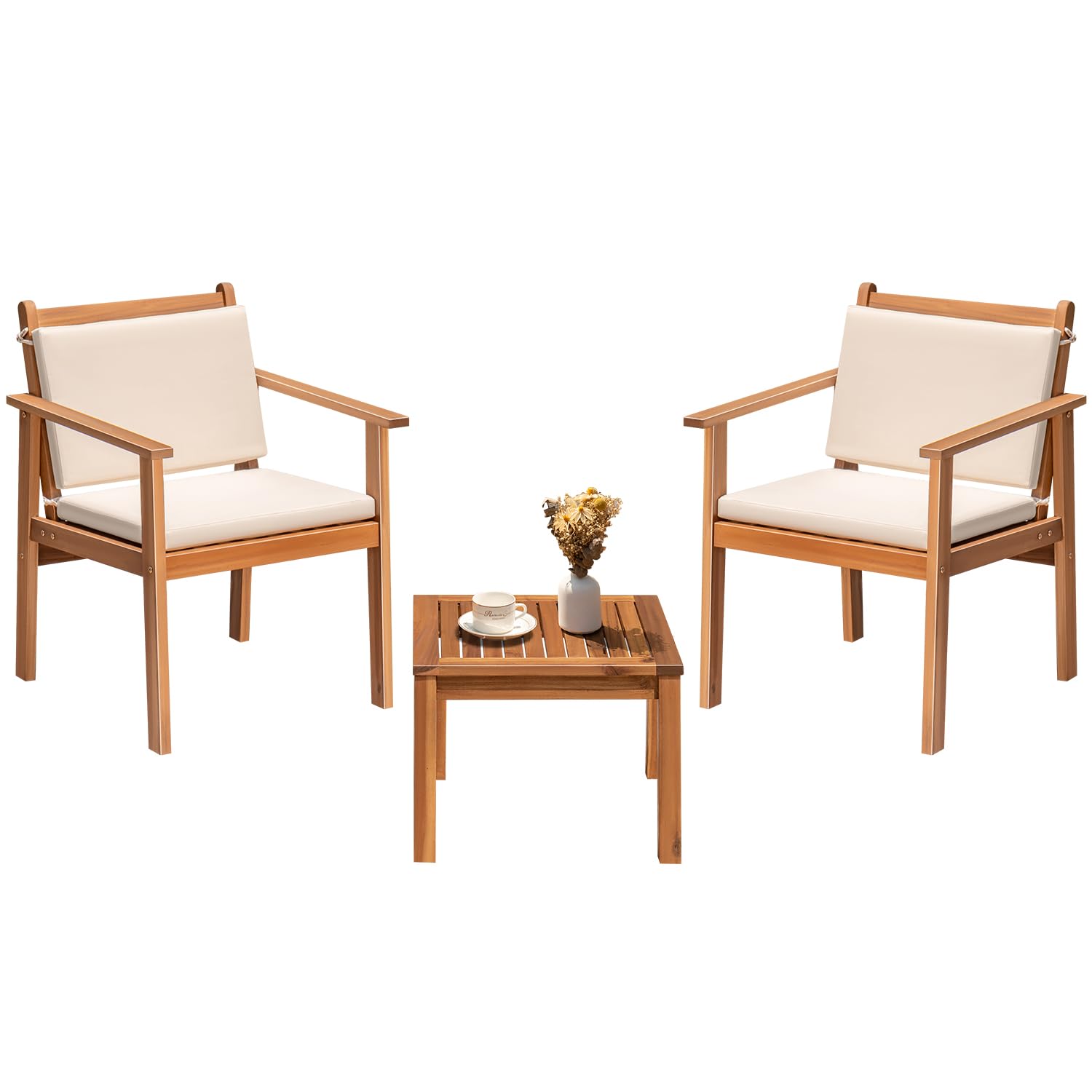 Greesum 3-Piece Outdoor Patio Furniture Set - Acacia Wood Bistro Sofa with 2 Chairs & Coffee Table, Includes Cushions - Perfect for Garden, Backyard, Poolside, Deck or Patio - White Weather-Resistant Conversation Set