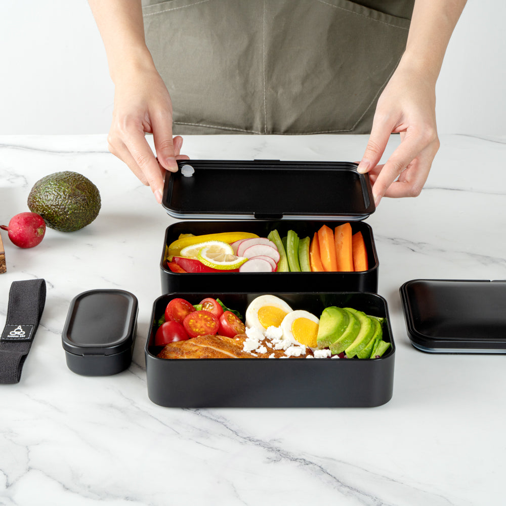 Bento Tek 41 oz Black Buddha Box - All-in-One Lunch Container with Utensils & Sauce Cup (7.25