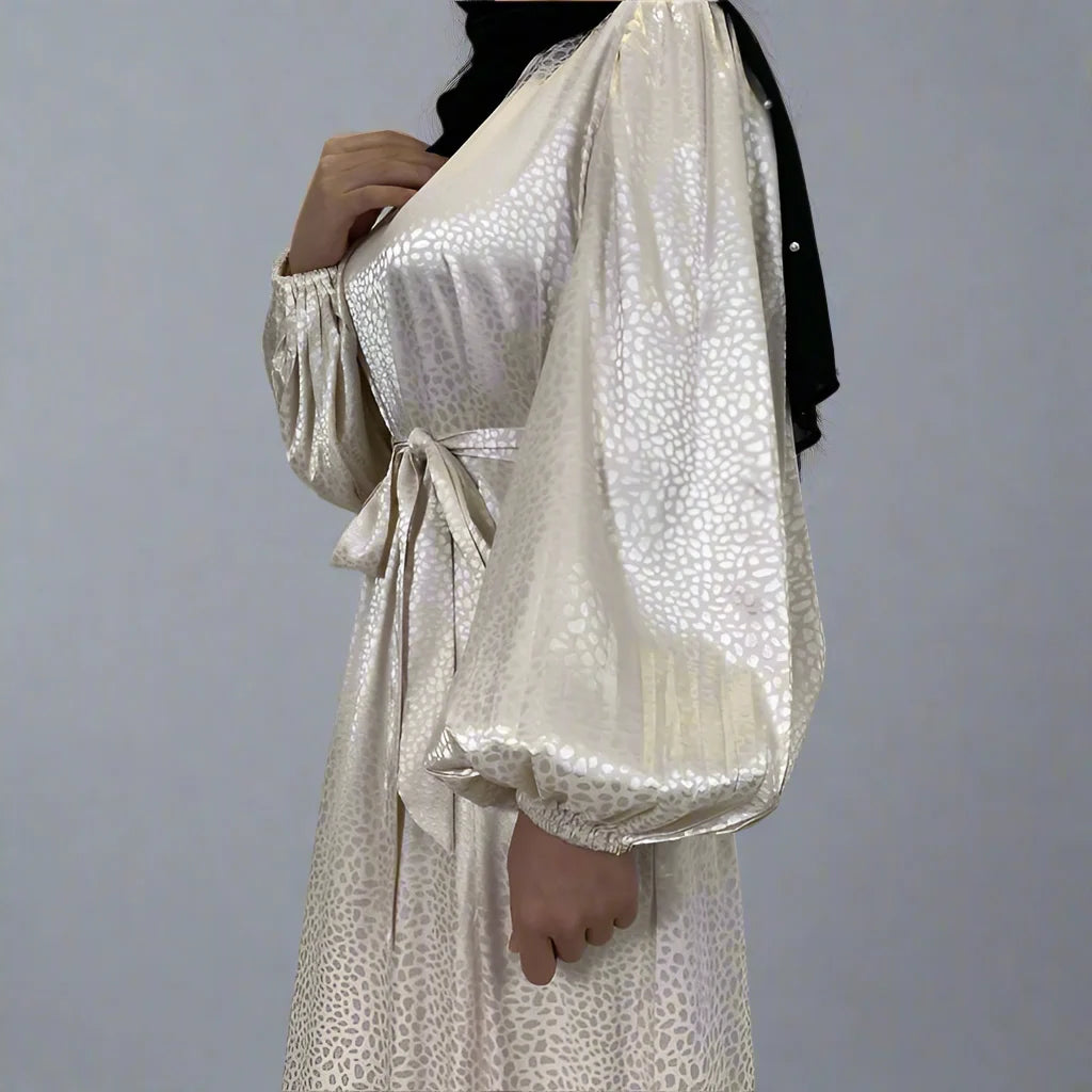 Elegant Muslim Women's Satin Printed Abaya Dress with Pockets - Modest Islamic Prayer Dress for Mosque, Eid & Special Occasions