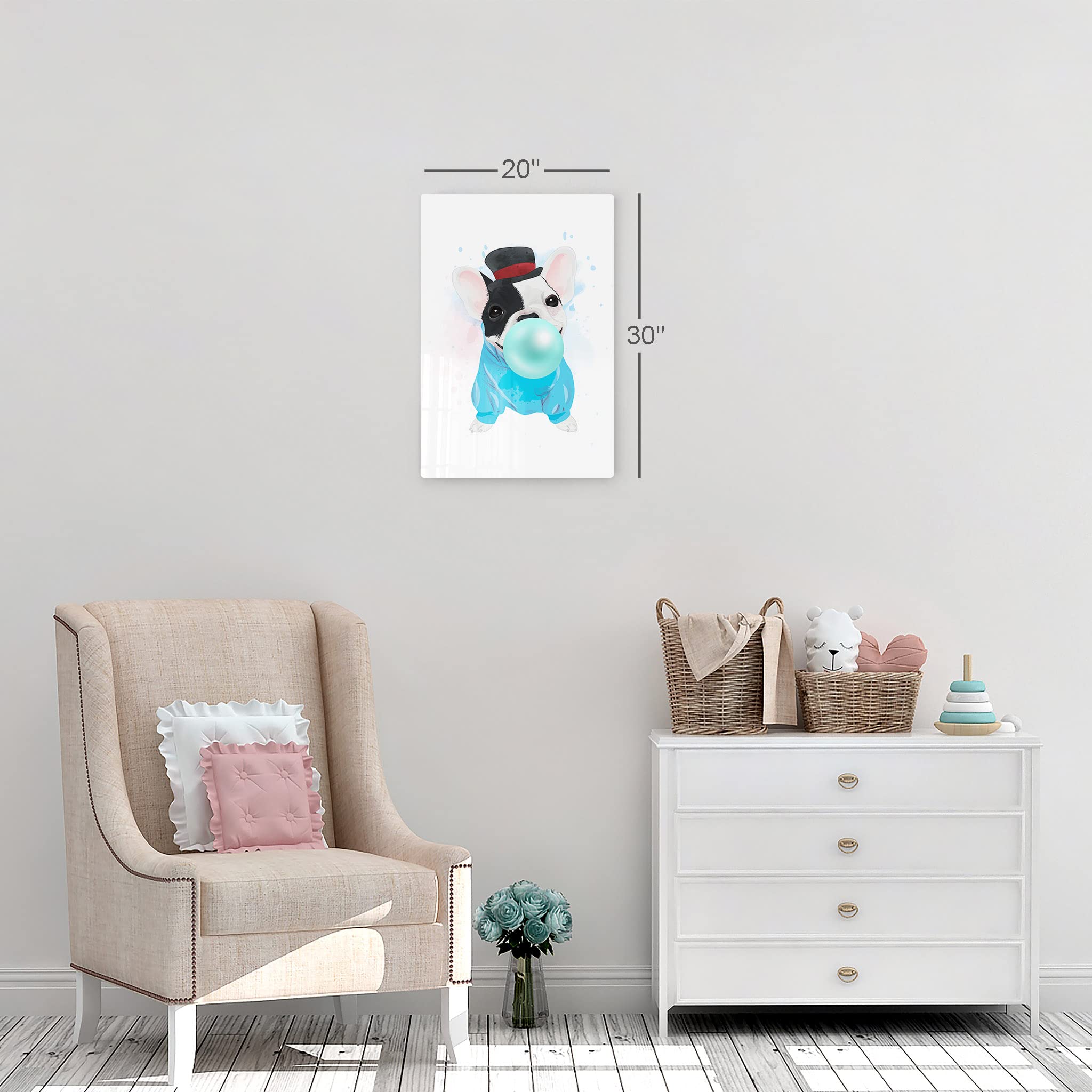 French Bulldog Portrait Sweatshirt & Hat Chewing Teal Blue Bubble Gum - Pet Lover Gift, Metal Wall Art Print for Dog Owners - Animal Themed Living Room, Bedroom, Nursery Decor (12x8) - Perfect for Home Decor, Pet Lover Presents, and Kids Room Wall Art