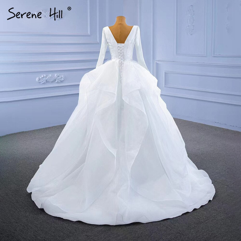 Serene Hill Muslim White Simple Wedding Dress 2025 - Ruched Lace-Up High-End Bridal Gown HM67310 | Custom Made Modest Wedding Dress for Muslim Brides | Perfect for Islamic Nikah Ceremony and Formal Wedding Occasions