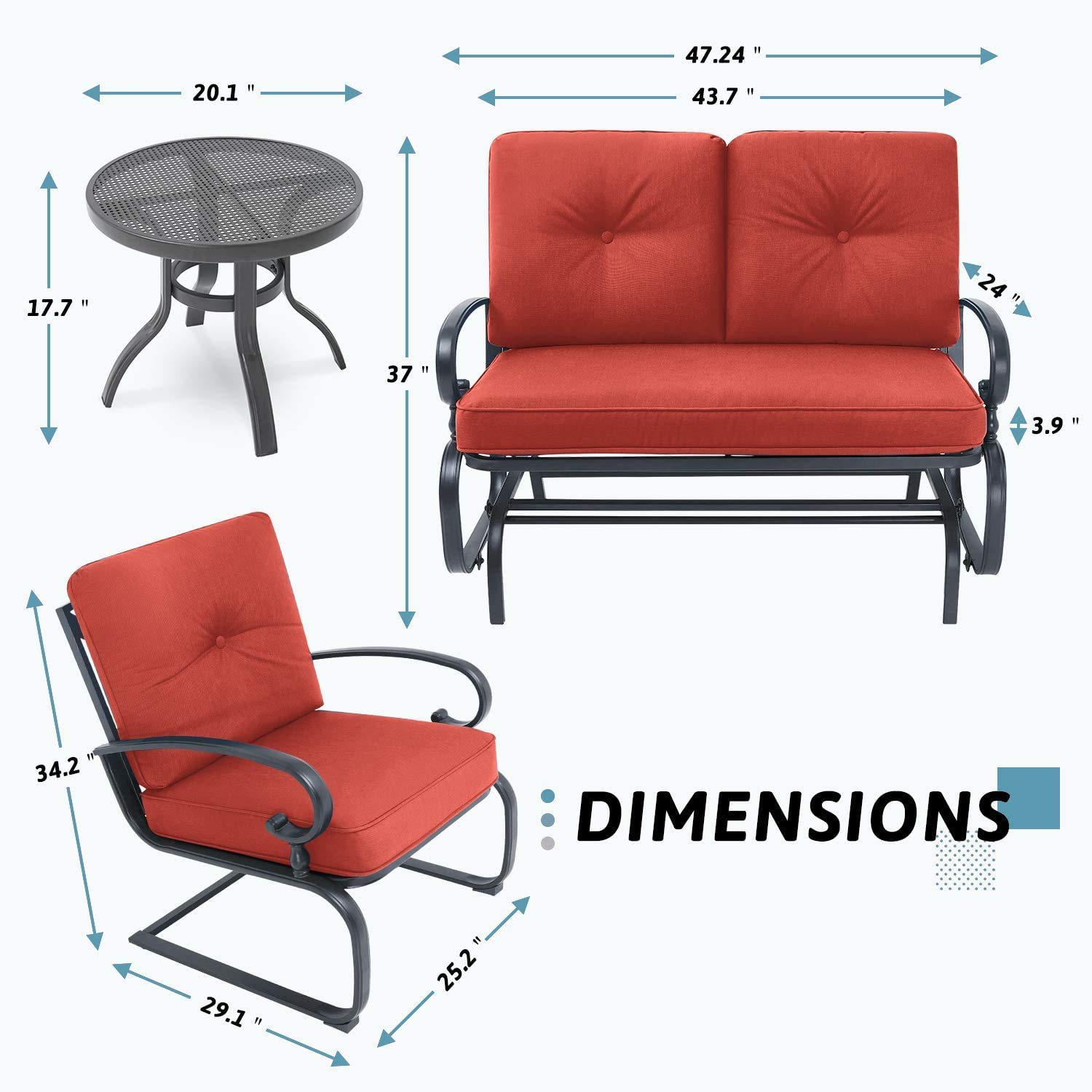 SOLAURA 4-Piece Outdoor Patio Furniture Set - Red Swing Glider Loveseat with 2 Spring Lounge Chairs & Side Table - Perfect for Garden, Deck, Balcony, Poolside & Backyard Relaxation