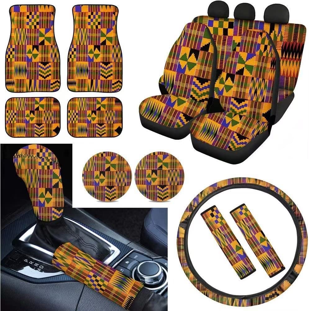 Suhoaziia 15-Piece African Kent Tribe Car Seat Cover Set - Full Protection for Front & Rear Seats with Floor Mats, Steering Wheel Cover, Seatbelt Pads, Shift Knob & Handbrake Cover - Universal Fit for Cars, Trucks, SUVs & Vans - Perfect for Road Trips & Daily Commutes