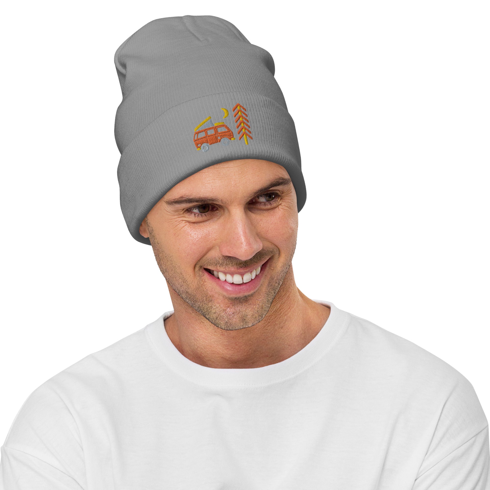Go Outside Van & Moon Embroidered Beanie - Winter Warm Knit Hat for Men & Women - Perfect for Hiking, Camping and Outdoor Adventures
