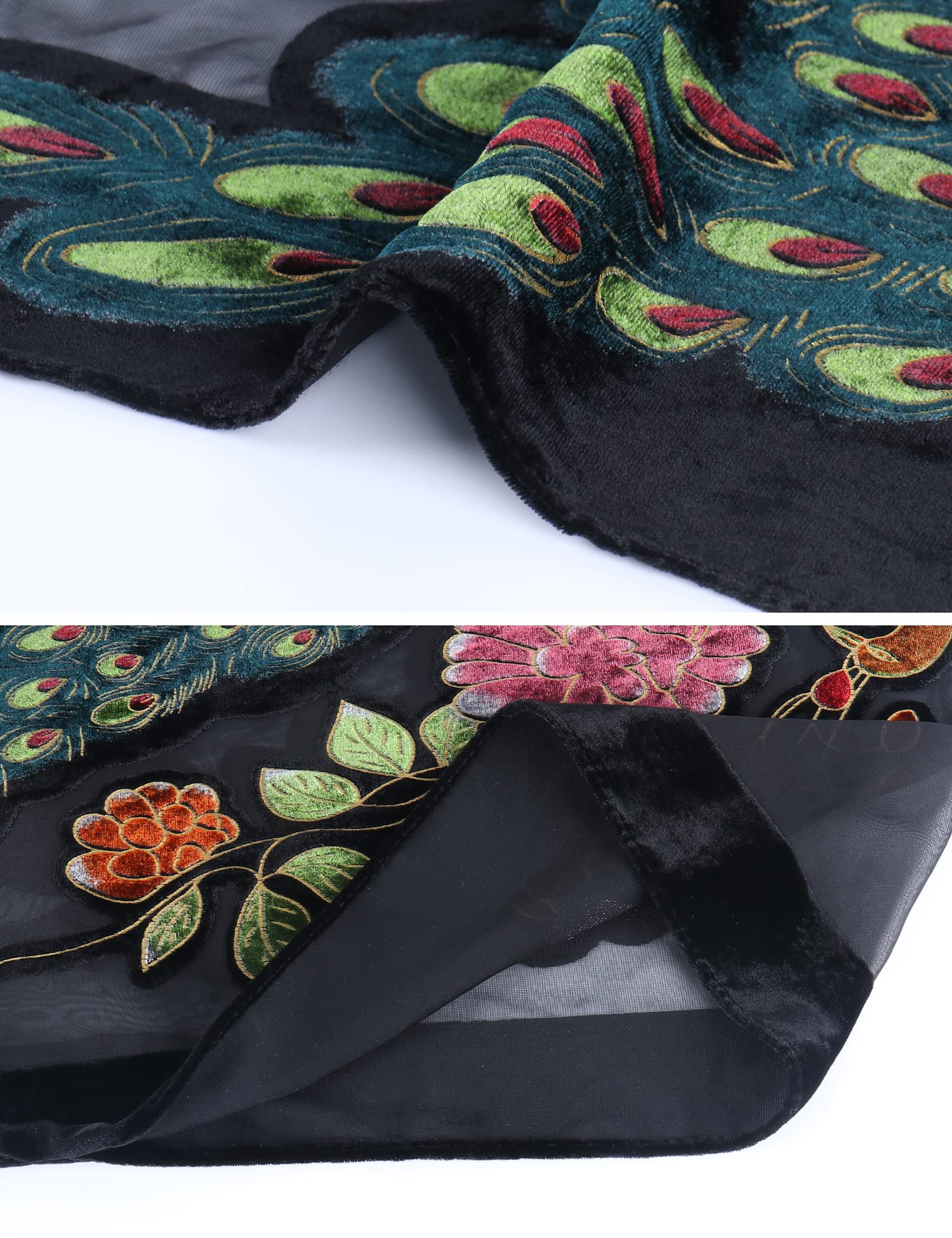 WeHello Women's Burnout Velvet Kimono Long Cardigan Cover Up - Peacock/Black | Lightweight Loungewear for Home, Beach & Boho Fashion