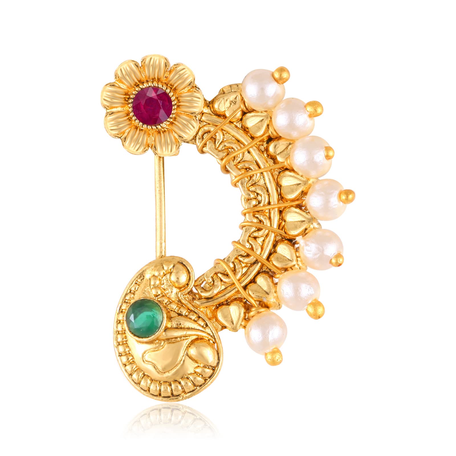 Vighnaharta Gold Plated Pearl Alloy Nose Ring with Artificial Multi-Stones - Non-Piercing Maharashtrian Nathiya Nose Pin - Valentine's Day Gift for Women & Men (VFJ1135NTH-Press-Multi) - Perfect for Weddings, Festivals & Ethnic Fashion