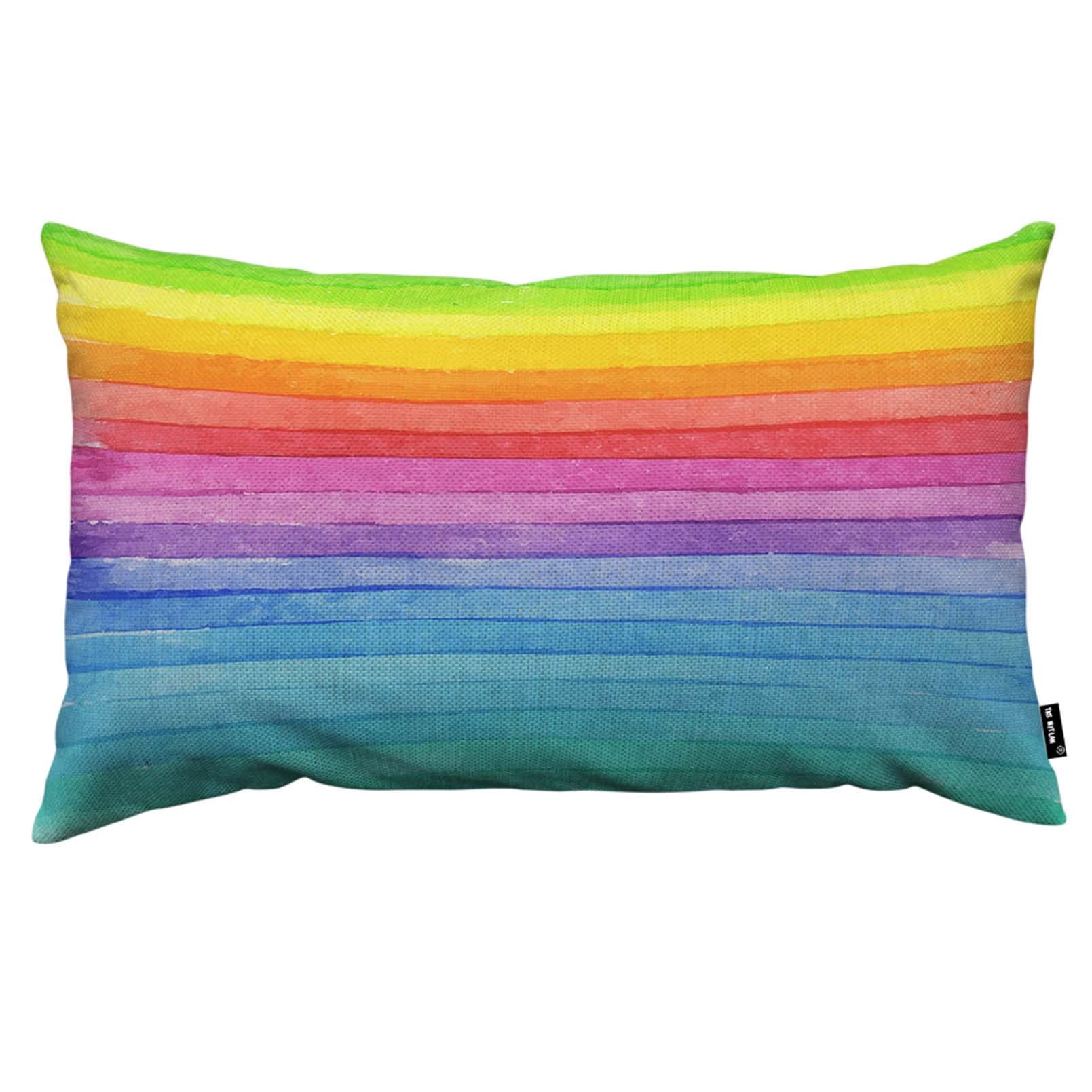 Rainbow Pillow Cover 12x20 Inch - Watercolor Striped Farmhouse Decor for Sofa & Bed