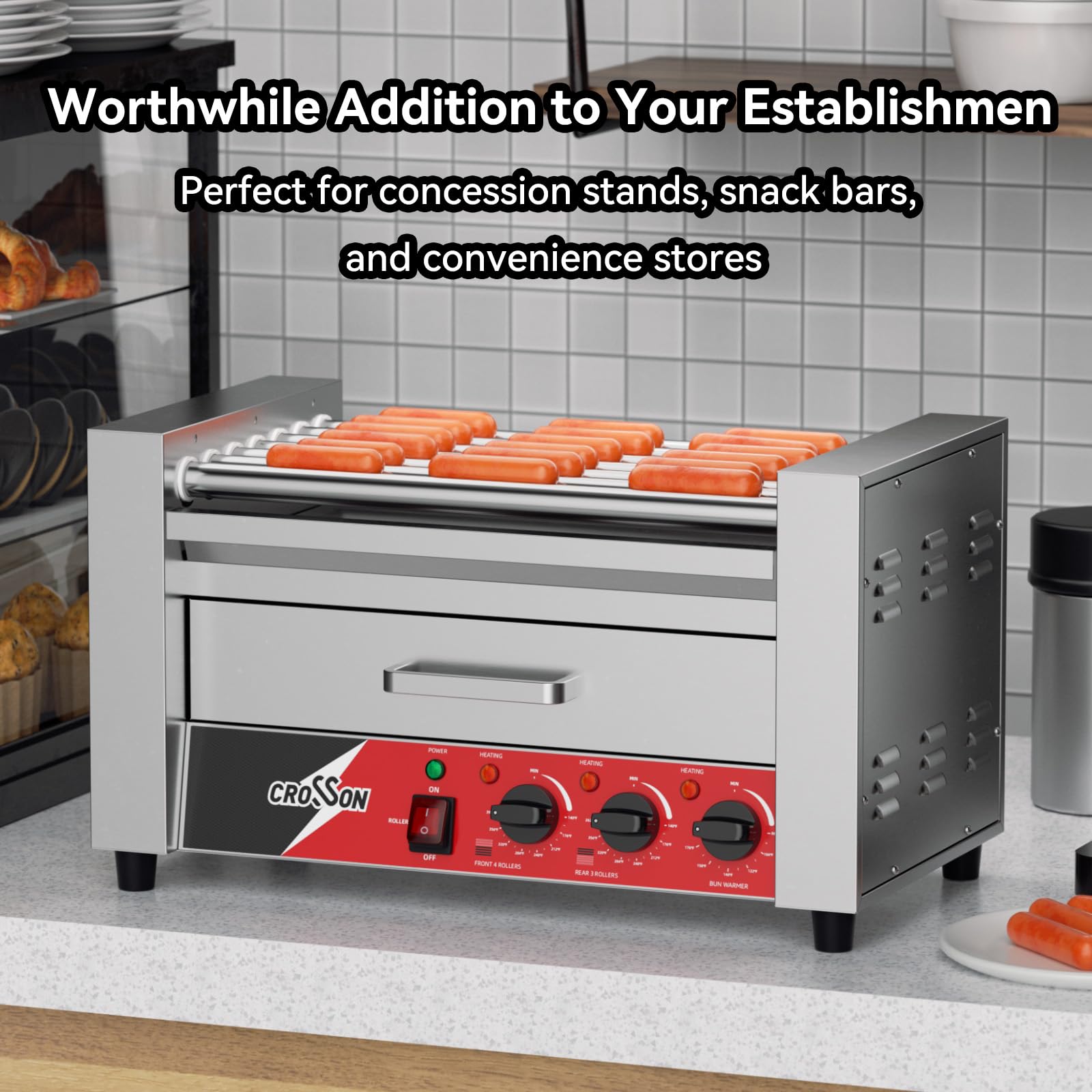 **Commercial 7-Roller Hot Dog Grill Machine with Bun Warmer - 304 Stainless Steel, Nonstick, 120V 1350W - Perfect for Restaurants, Food Trucks & Catering Events**