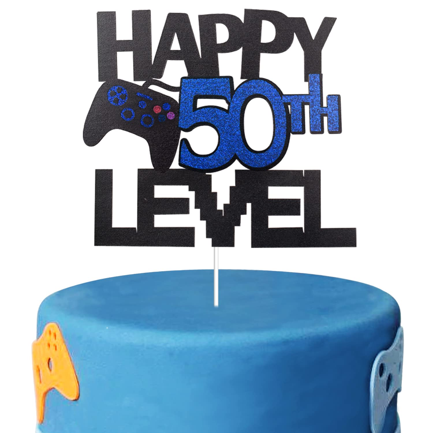 Happy 50th Birthday Video Game Cake Topper - Glitter Gamer Level 50 Unlocked Party Decoration - Perfect for Gaming Themed Birthday Cakes & Anniversary Celebrations