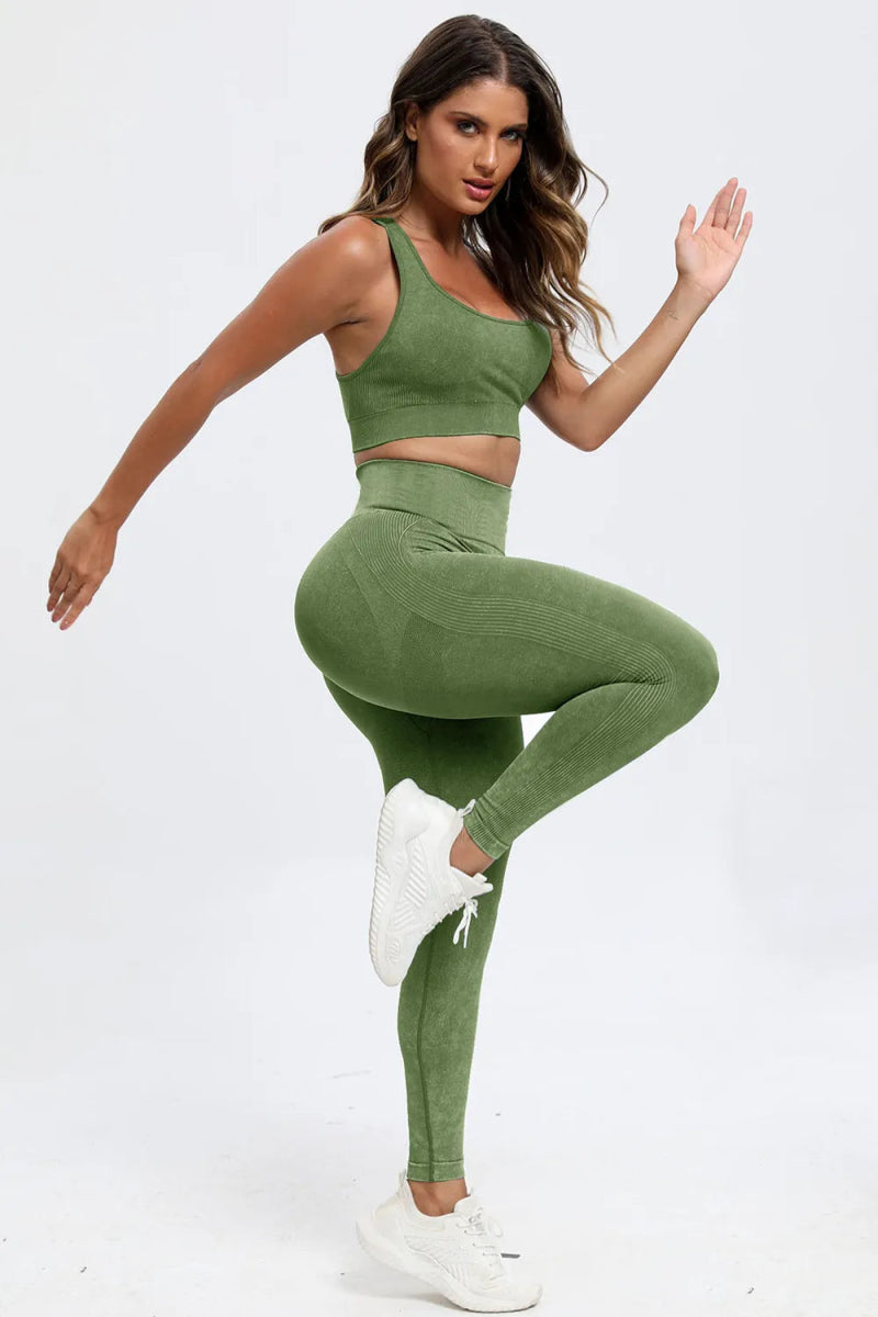 3 Piece Washed Square Neck Wide Strap Active Set for Women - Gym, Yoga & Lounge Wear - Comfortable Workout Outfit for Running & Pilates