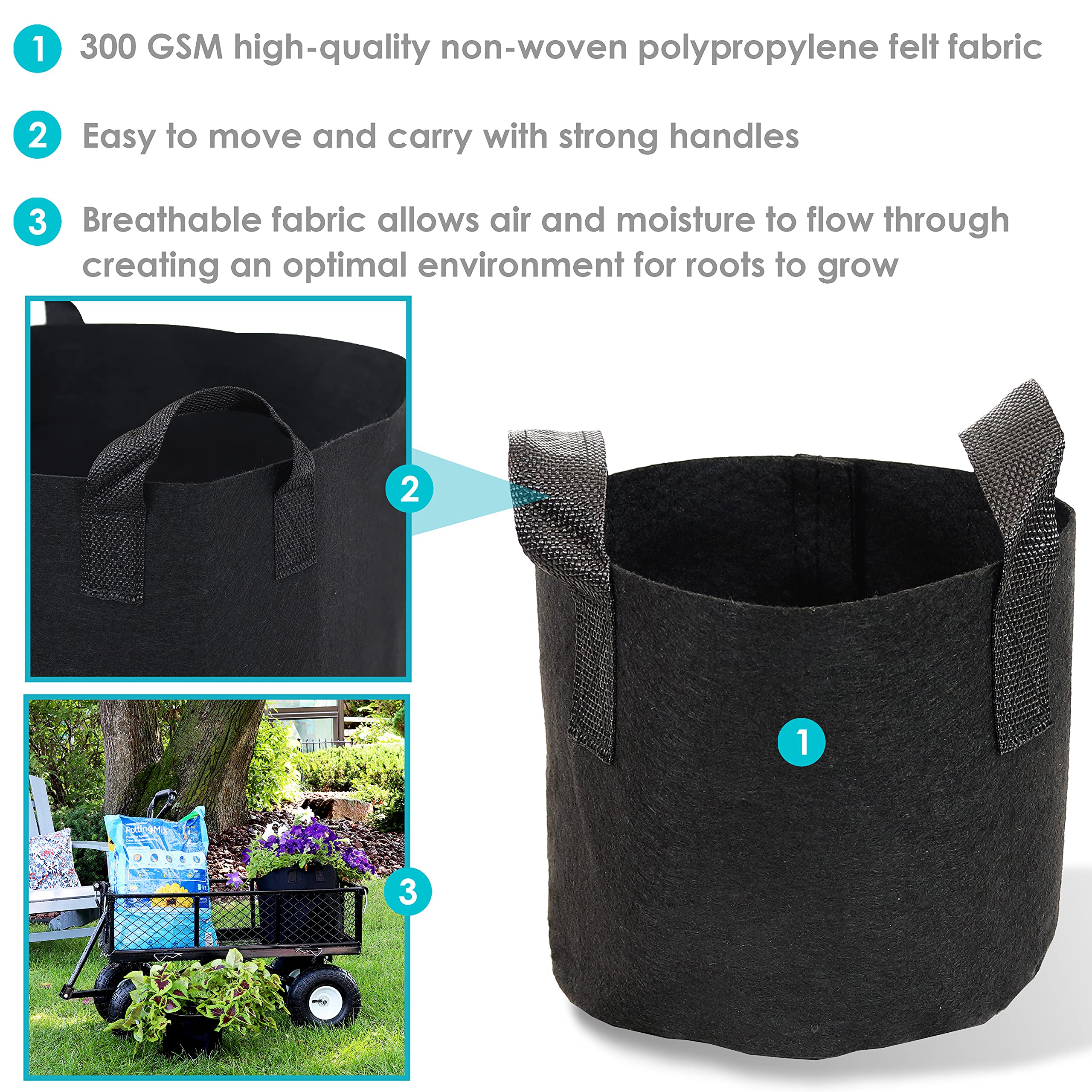 5-Pack 1-Gallon Garden Grow Bags for Vegetables & Plants - Heavy Duty 300 GSM Non-Woven Polypropylene Fabric with Handles - Perfect for Indoor/Outdoor Gardening, Balcony Planting & Urban Farming