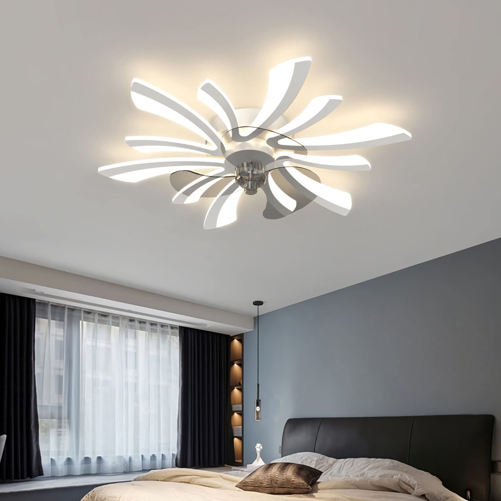 Modern 6-Light LED Ceiling Fan with Remote Control - Quiet Dimmable Lighting for Bedroom, Dining Room & Living Room - Energy Efficient White Fan Light for Home & Office Use