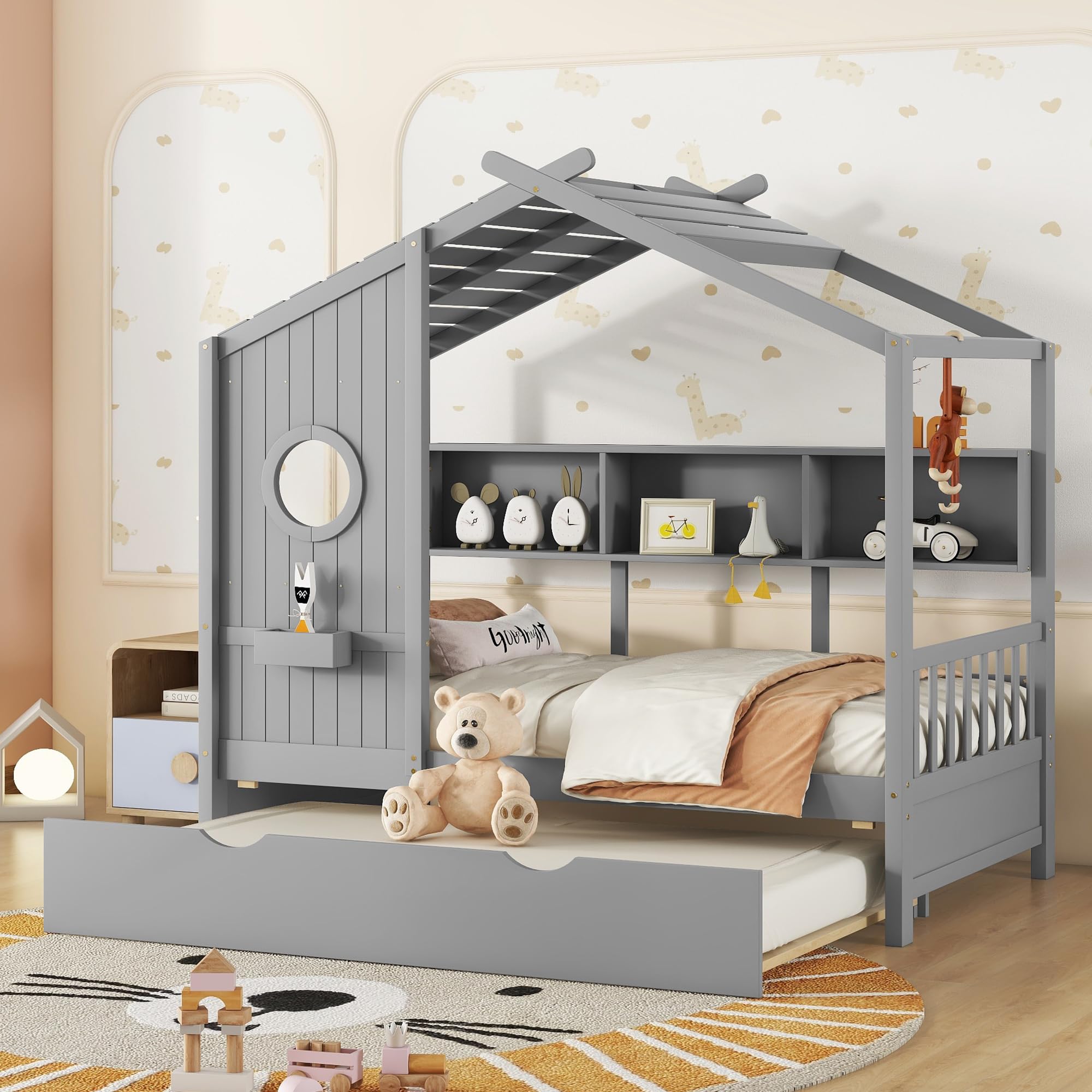 Harper & Bright Designs Twin Size Wooden House Bed with Trundle & Storage Shelf - Gray Platform Bed Frame with Roof for Kids, Boys & Girls - Perfect for Bedrooms, Playrooms & Small Spaces