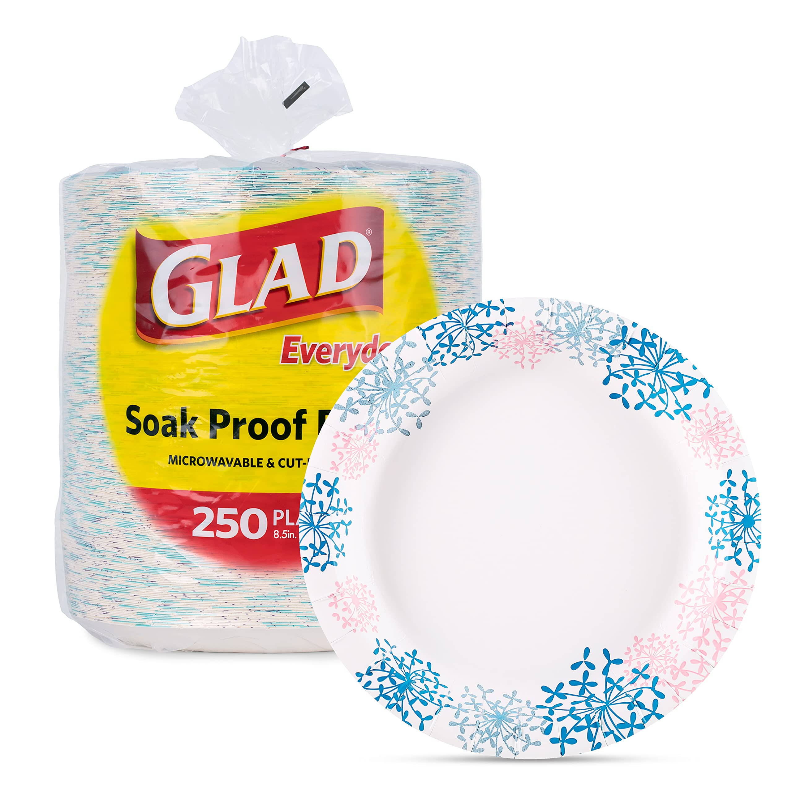 Glad Round Disposable Paper Plates 8.5 Inch - 250 Count Bulk Pack | Heavy Duty, Microwave Safe, Leak & Cut Resistant | Perfect for Parties, BBQs, Picnics & Family Gatherings | Pink Hydrangea Design
