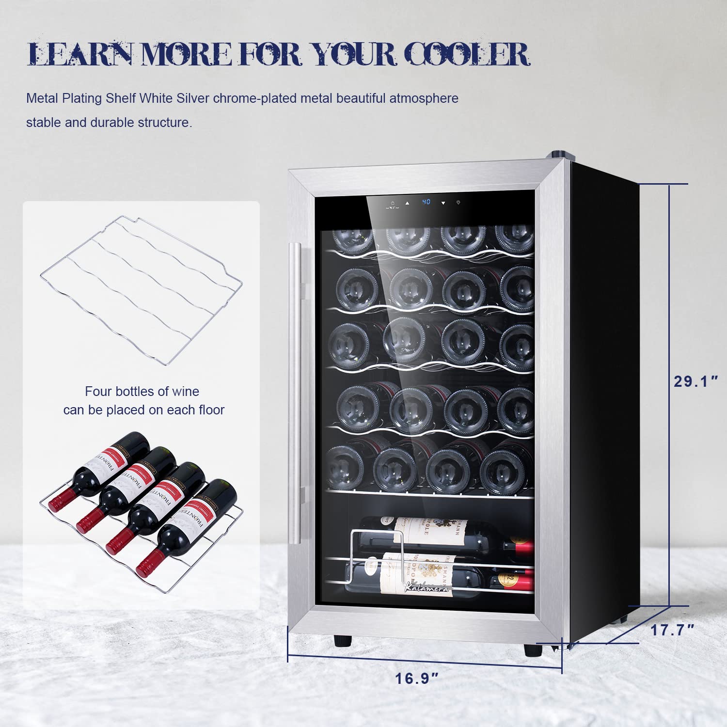 Kalamera 24 Bottle Wine Cooler Refrigerator - Freestanding Single Zone Compressor Wine Fridge with Stainless Steel Glass Door, Temperature Control 41°F-64°F for Home, Office, Bar - Perfect for Storing Wine, Beer, and Beverages